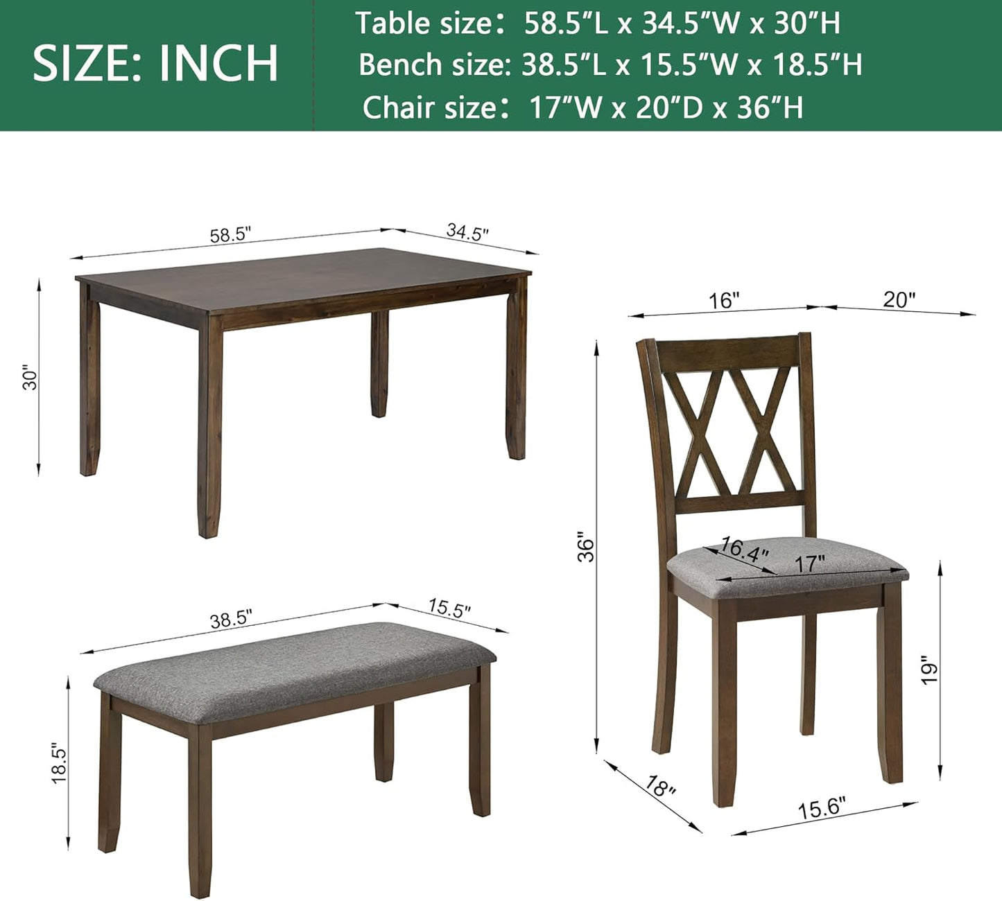soges 6 Piece Kitchen Dining Set, Rectangular Wooden Dining Table with 4 Upholstered Chairs and a Bench, Morden Dining Table Set for 6 People, Living Room, Home and Kitchen, Walnut