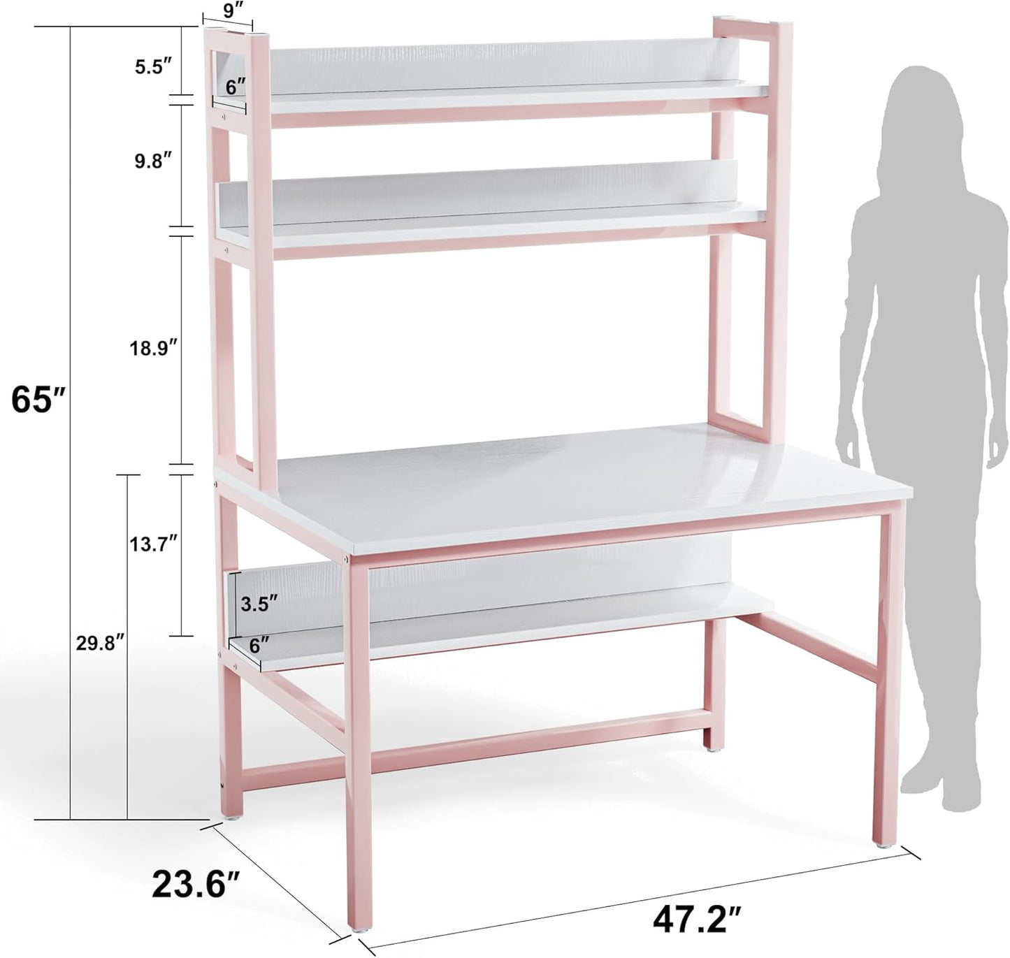 Aquzee Pink Desk with Hutch for Girls, 47in Computer Desk with Bookshelf for Teens Adults, Craft Table for Bedroom Kids Room, White Pink Study Table with Shelves for Storage
