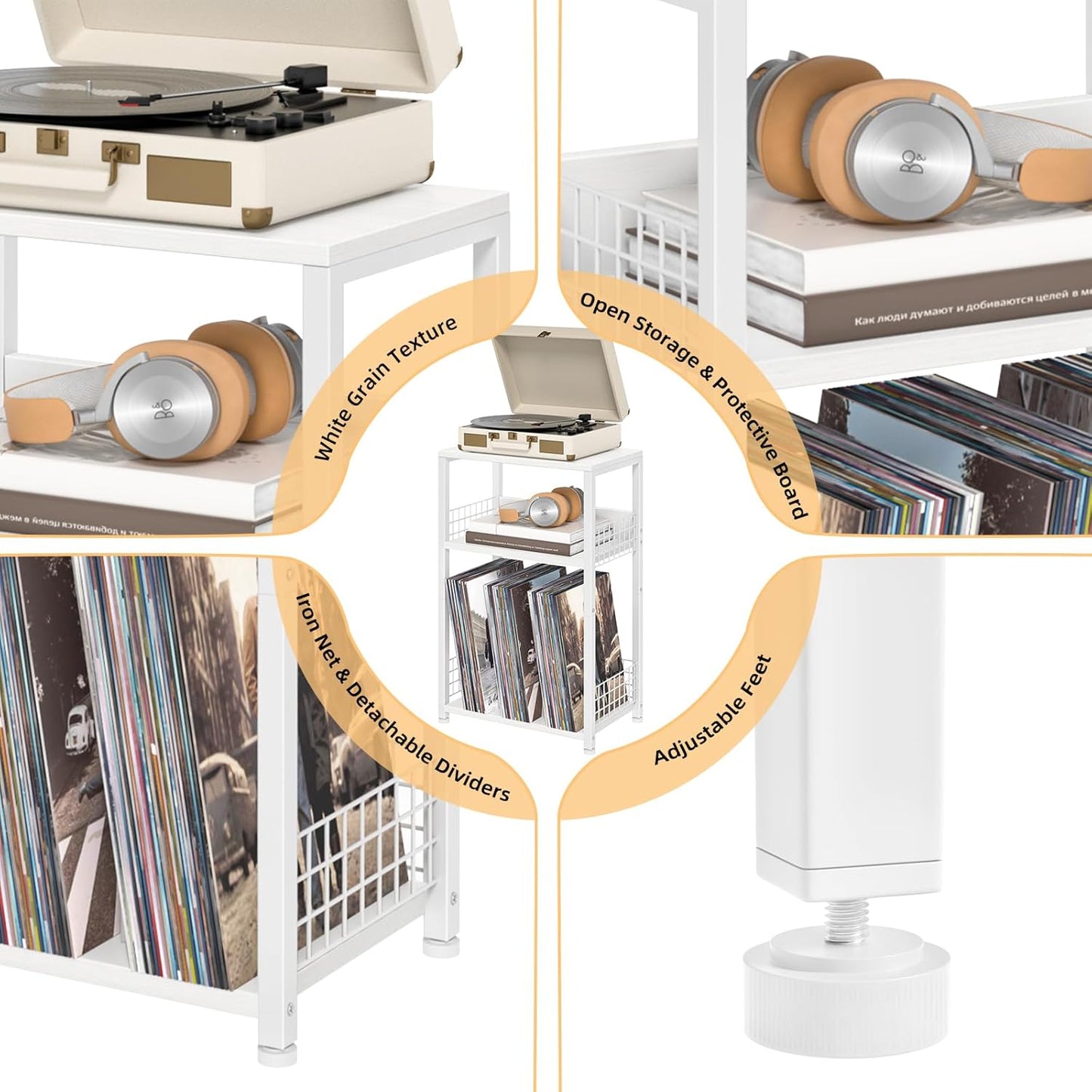 LELELINKY White Side Table with Storage, Small End Table Printer Stand for Small Spaces, Record Player Stand with Vinyl Storage, Sofa Night Stands for Living Room Bedroom