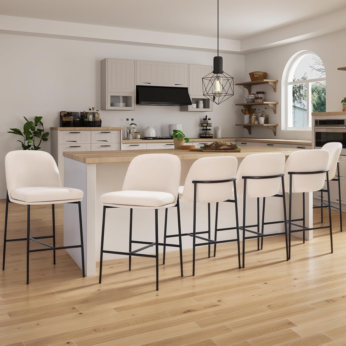 COLAMY Counter Height Bar Stools Set of 6, 25 Inch Modern Fabric Kitchen Island Stools with Back, Upholstered Counter Barstools Armless Bar Chairs with Metal Legs for Island Dining Room Bar, Beige