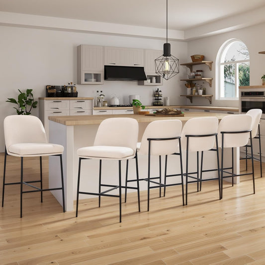 COLAMY Counter Height Bar Stools Set of 6, 25 Inch Modern Fabric Kitchen Island Stools with Back, Upholstered Counter Barstools Armless Bar Chairs with Metal Legs for Island Dining Room Bar, Beige