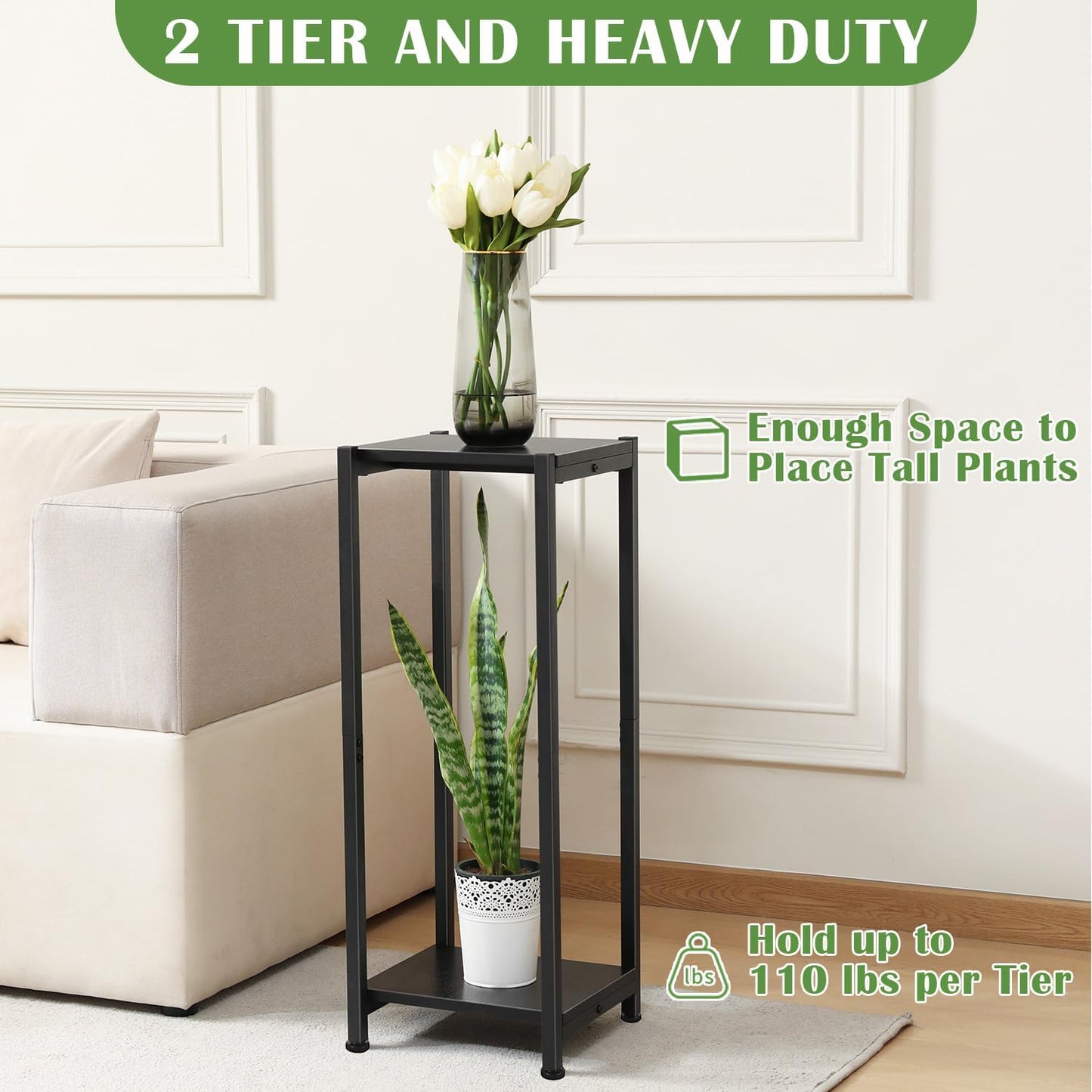 Tall Plant Stand Indoor,31 Inch Plant Stands,2 Tier Metal Plant Stand with Heavy Duty Wood,Black