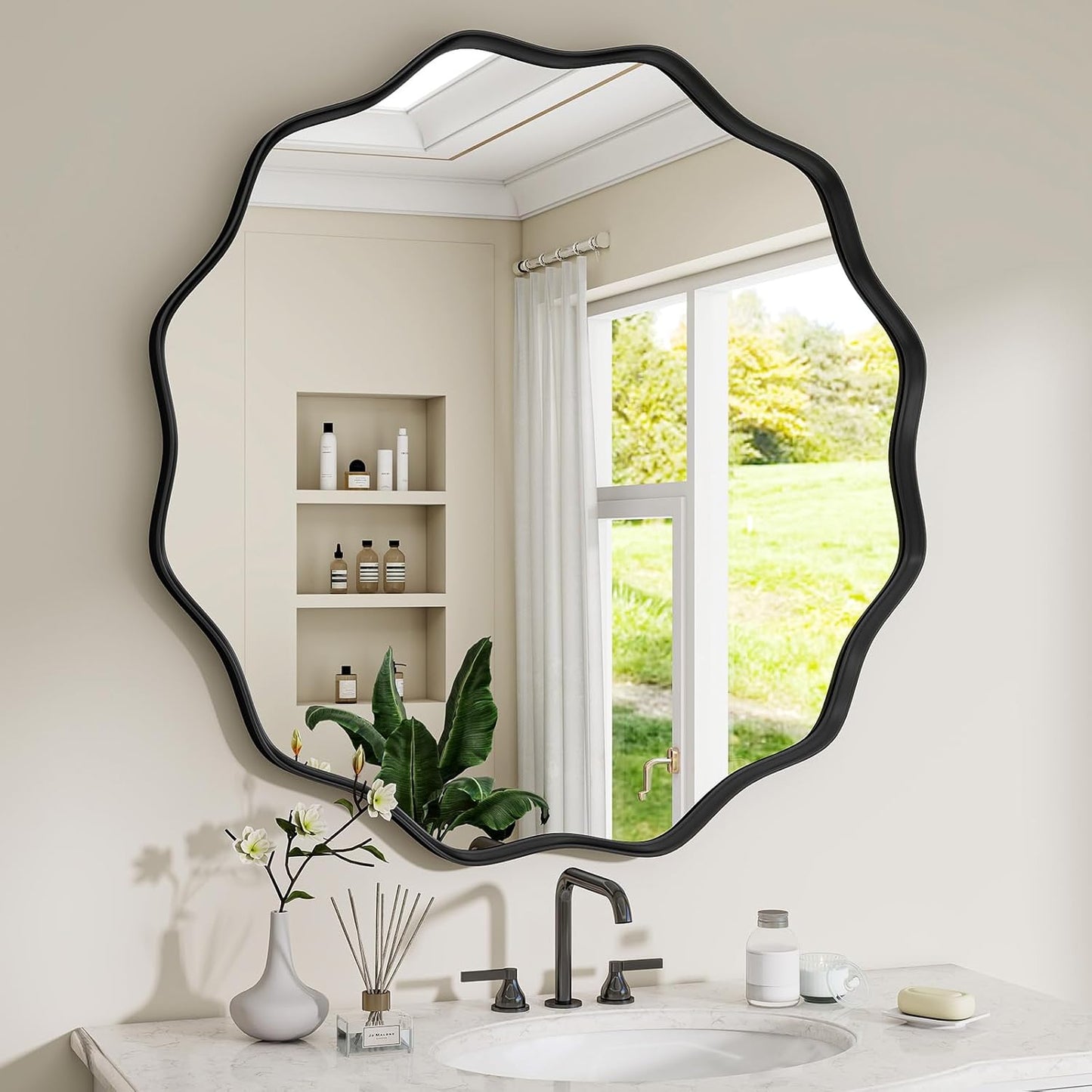Round Wavy Mirror, 24 Inch Metal Frame Circle Mirror, Round Wall Mounted for Entryway, Bathroom, Vanity, Living Room, Black