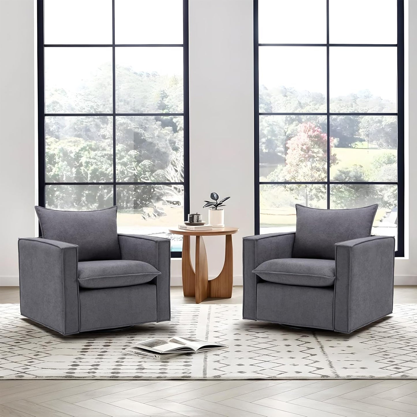 Swivel Accent Chair, 34 Inches Wide Upholstered Arm Chair with Plump Back Pillow, Modern Sofa Living Room Chair for Bedroom, Corner, Reading Nook-Grey