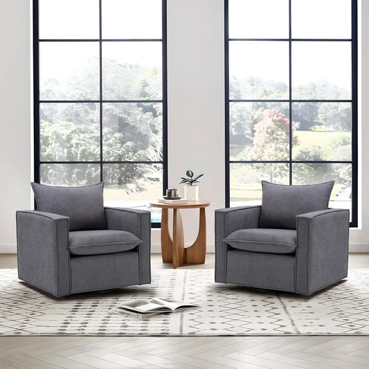 Swivel Accent Chair Set of 2, 34 Inches Wide Upholstered Arm Chair with Plump Back Pillow, Modern Sofa Living Room Chair for Bedroom, Corner, Reading Nook-Grey
