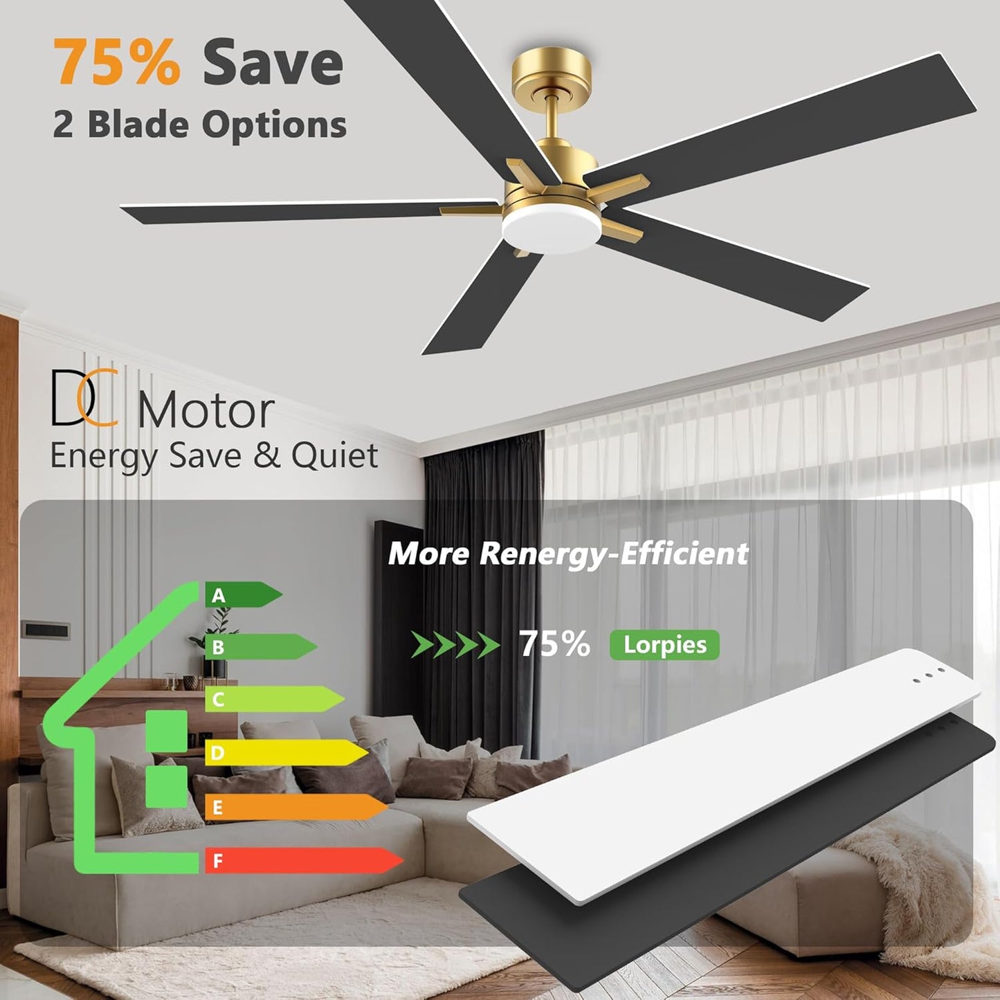 72" Large Smart Ceiling Fan with Lights Remote,Silent DC Motor,Control via Voice Alexa Google App,Outdoor Indoor Gold White Ceiling Fans for Large Modern Living Room Patio,Dimmable,5 Blades in Black