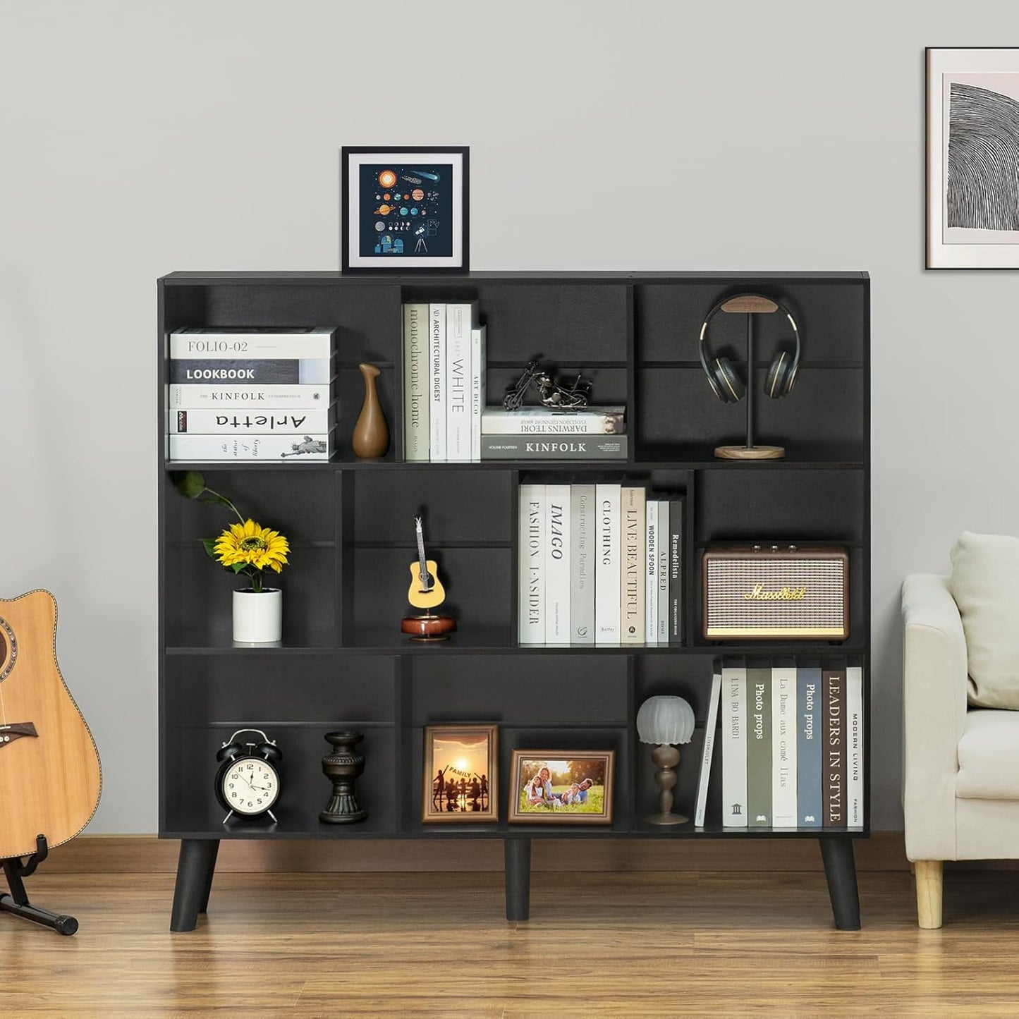 YAHARBO 10 Cube Bookshelf,3 Tier Bookcase with Legs,Black Mid-Century Modern Bookshelves,Large Free Standing Open Storage Organizer Shelf,Tall Wooden Book Case Furniture for Bedroom,Living Room,Office