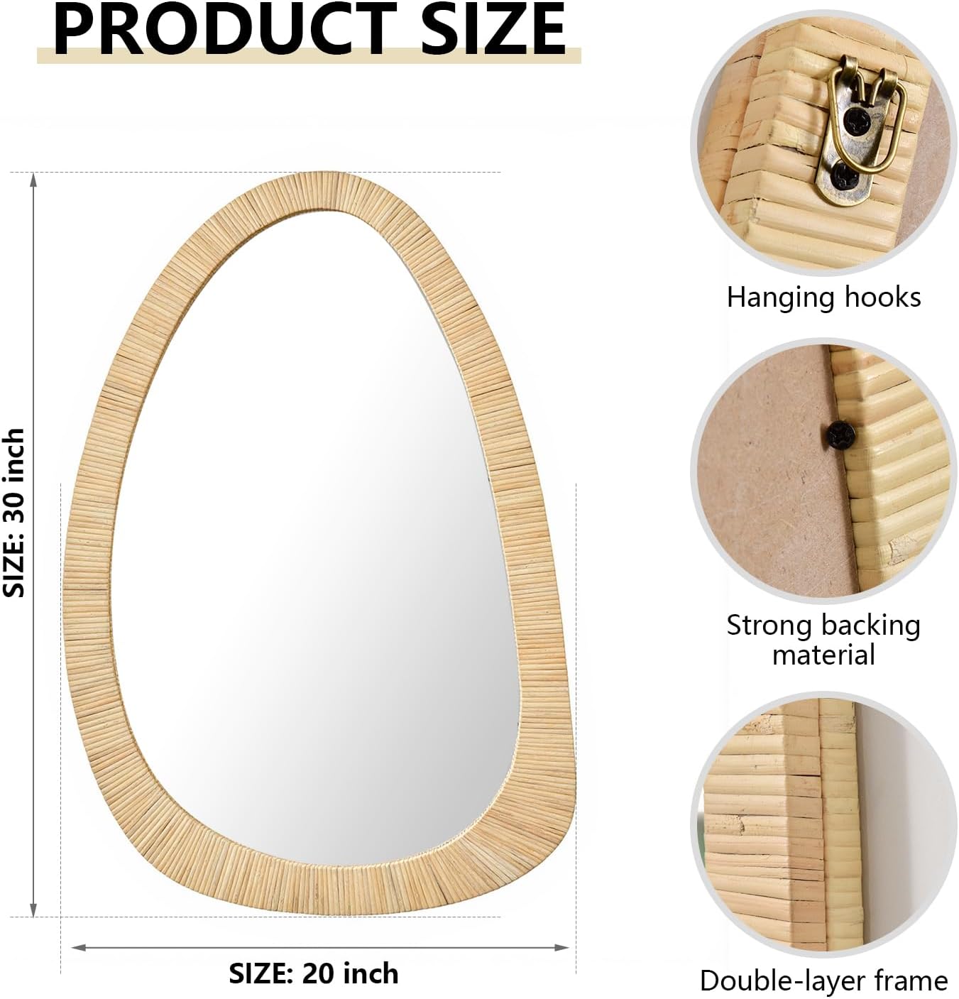 H HOMEWINS Rattan Mirror for Wall,30'' x 20" Wooden Framed Farmhouse Boho Wicker Coastal Irregular Vanity Mirror for Bathroom Living Room Entryway