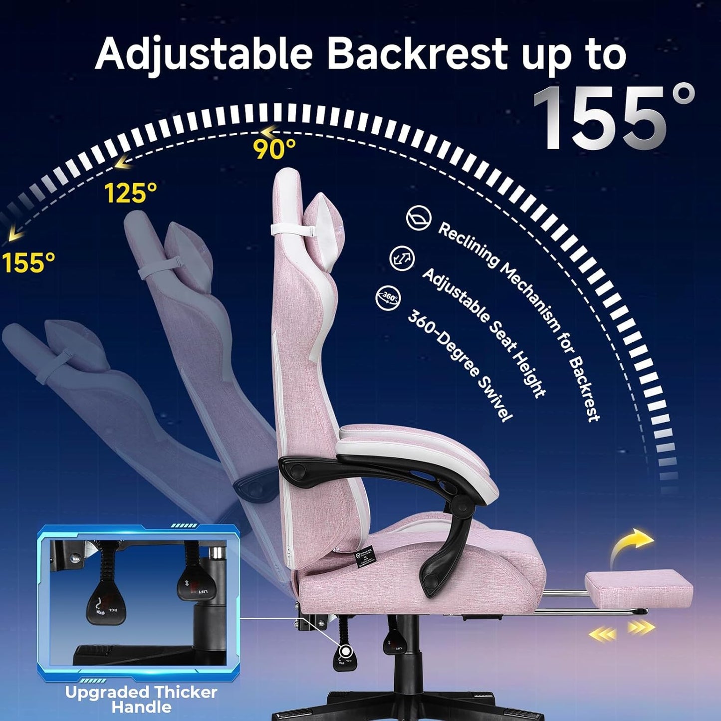 GTPLAYER Gaming Chair, Video Game Chairs with Footrest and Lumbar Support, Computer Chair for Adults with Extended Backrest, Ergonomic Reclining Silla Gamer, Linen Fabric, Pink