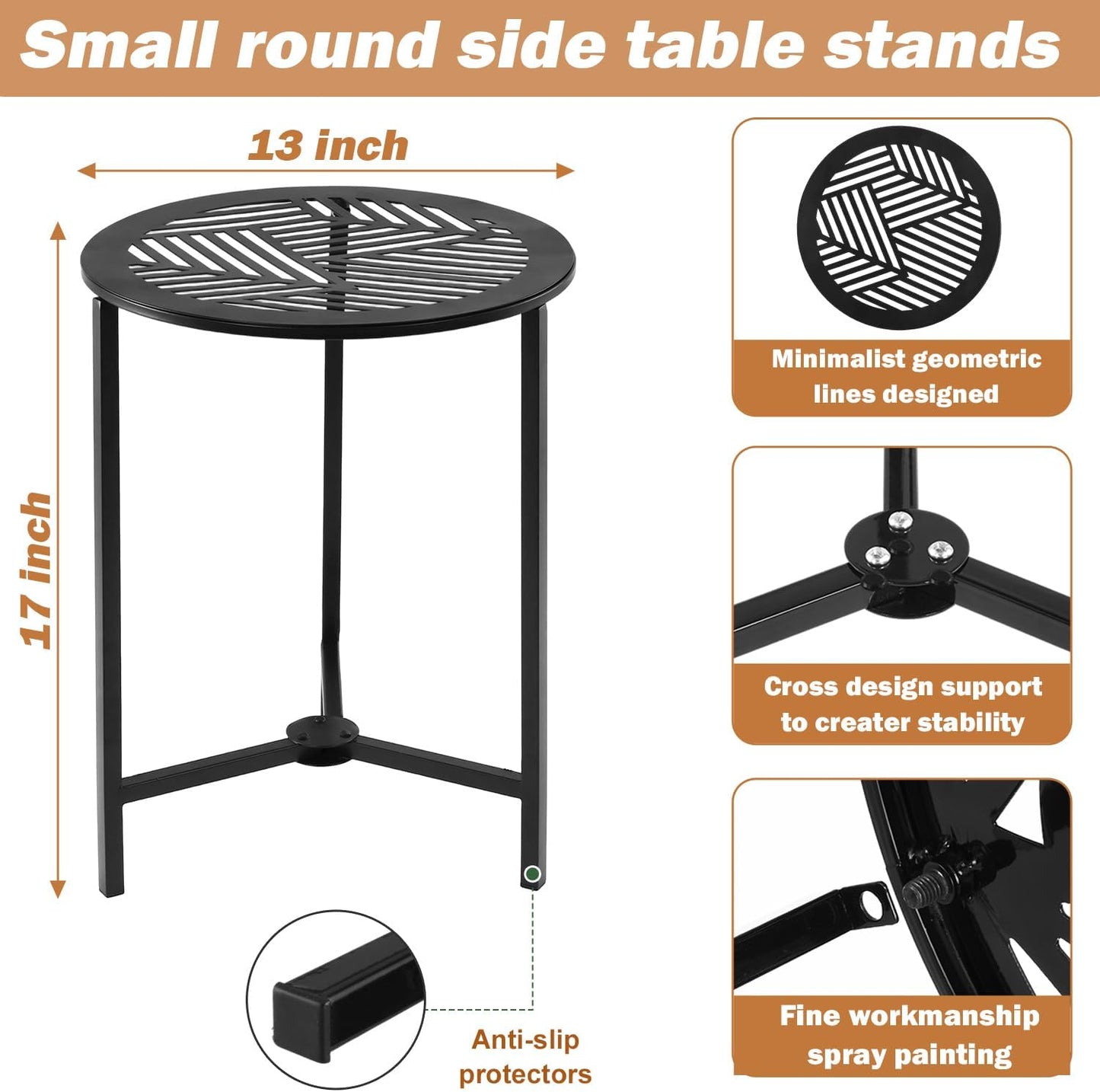 2 Packs 13" Small Metal Side Tables Indoor Black Outside End Table for Outdoor Patio Round Accent Garden Corner Stand for Small Spaces Weather-Resistant Coffee Table for Balcony Porch Plant Stand