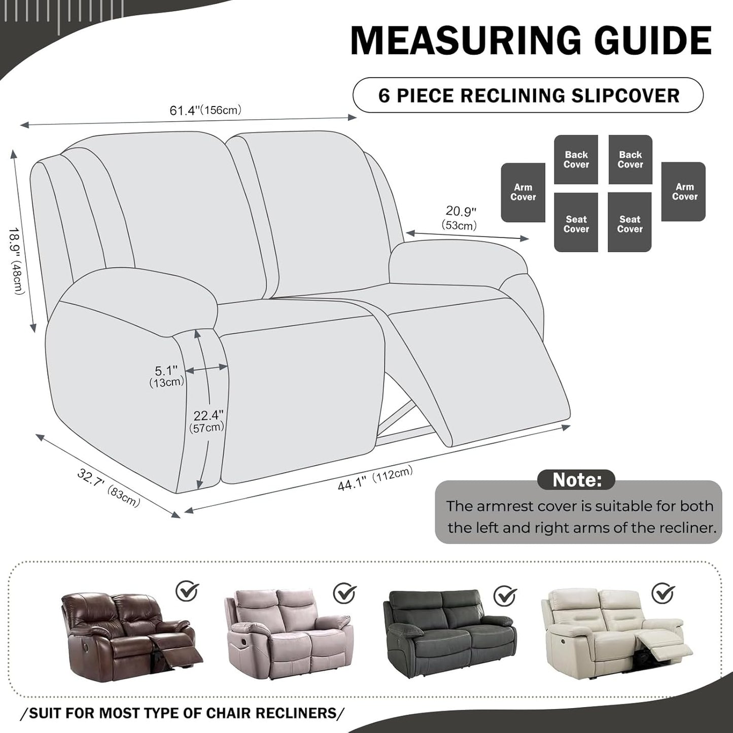 vctops 6 Pieces Geometric Jacquard Plush Recliner Loveseat Slipcovers Soft Fuzzy Fluffy Sofa Couch Cover Anti-Slip Furniture Protector with Elastic Bottom for Kids Cats Dogs(Dark Grey,2 Seat)