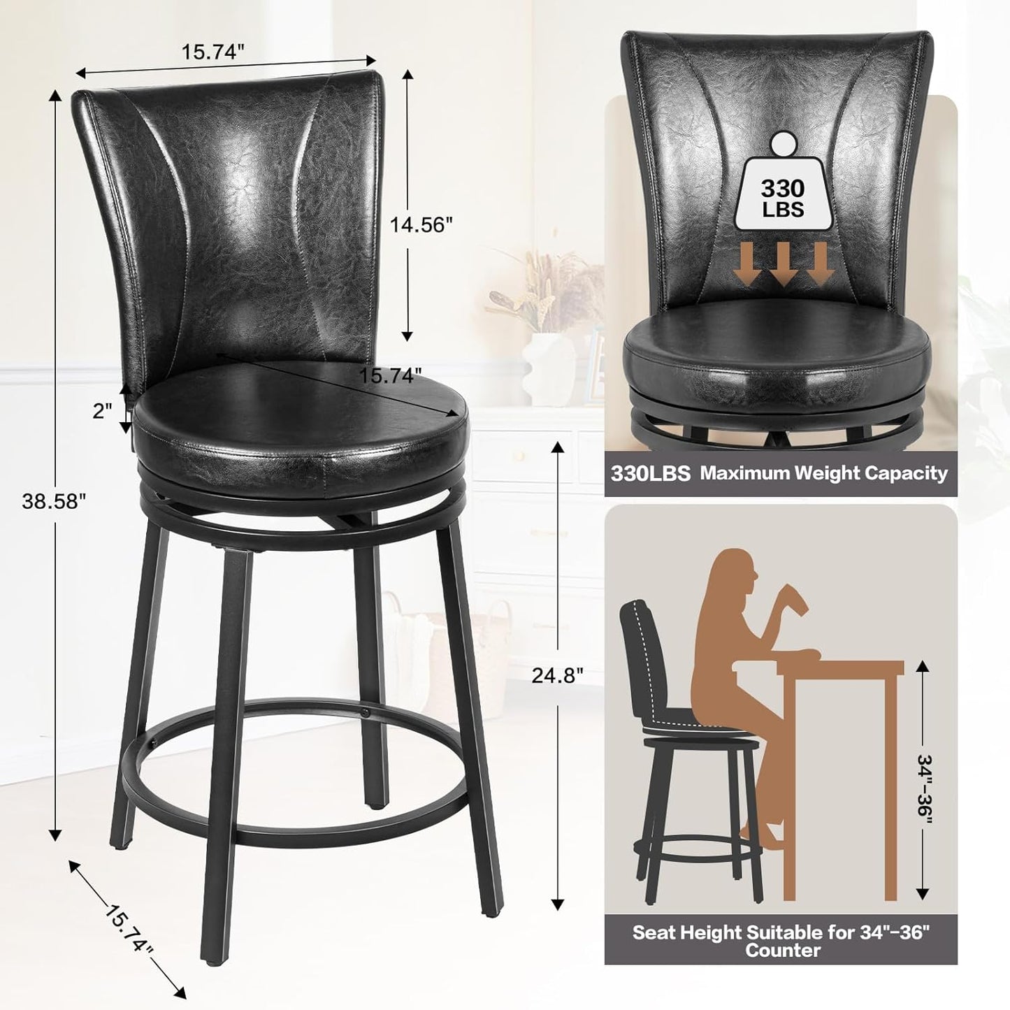 Bar Stools Set of 2, Counter Height Swivel Bar Chair with High Backrest, 24 inch Round Seat Barstools for Kitchen Island, Pub, Metal Base, Upholstered PU Leather Dining Chairs Black