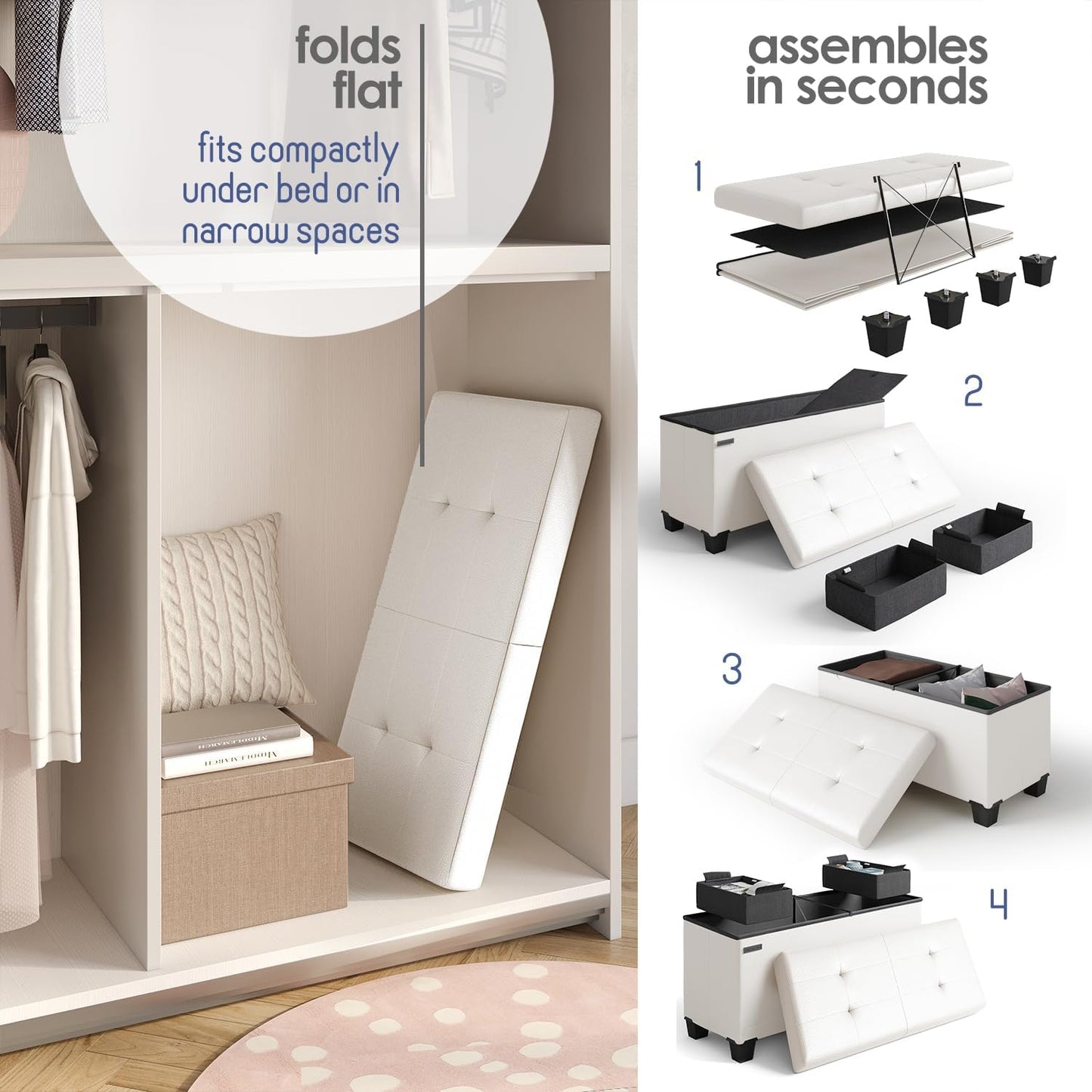 STORAGEBUD Storage Ottoman Bench with Bins, 30-in Storage Bench for Bedroom End of Bed, Folding Foot Rest Ottoman for Living Room Max 660lbs, Faux Leather Ottomans, Cream