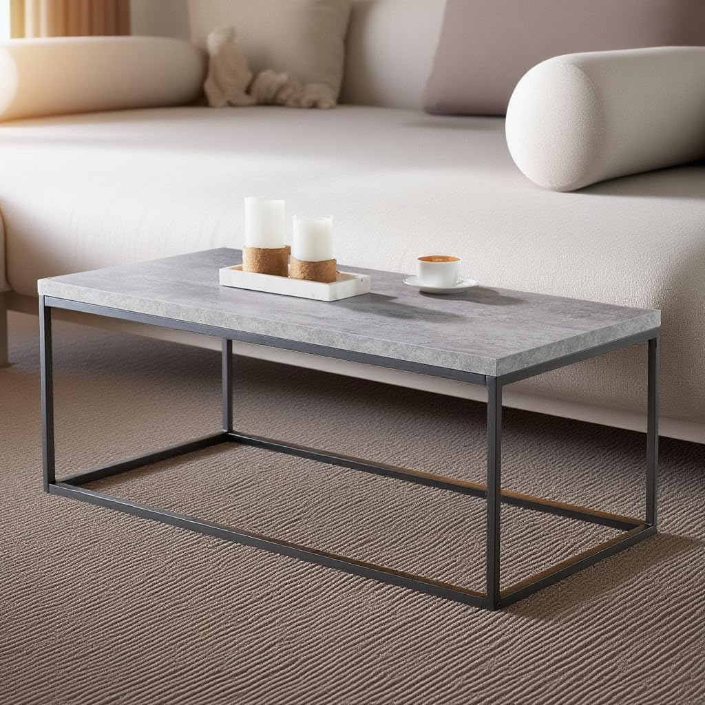 CENSI 40-Inch Concrete Accent Coffee Table Ottoman for Living Room, Rectangle, Mid-Century Modern Industrial Style, Extra Thick Top, Wood and Metal (Grey Marble)