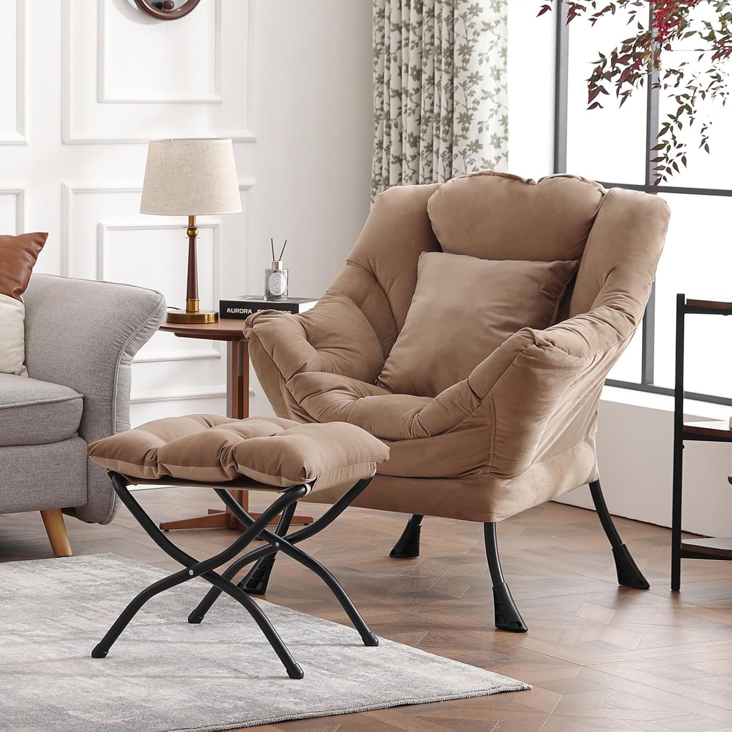 Lazy Chair with Ottoman, Reading Chair with a Pillow, Leisure Sofa Armchair with Ottoman, Large Accent Lounge Chair for Bedroom, Living Room, Dorm Room, Velvet Khaki