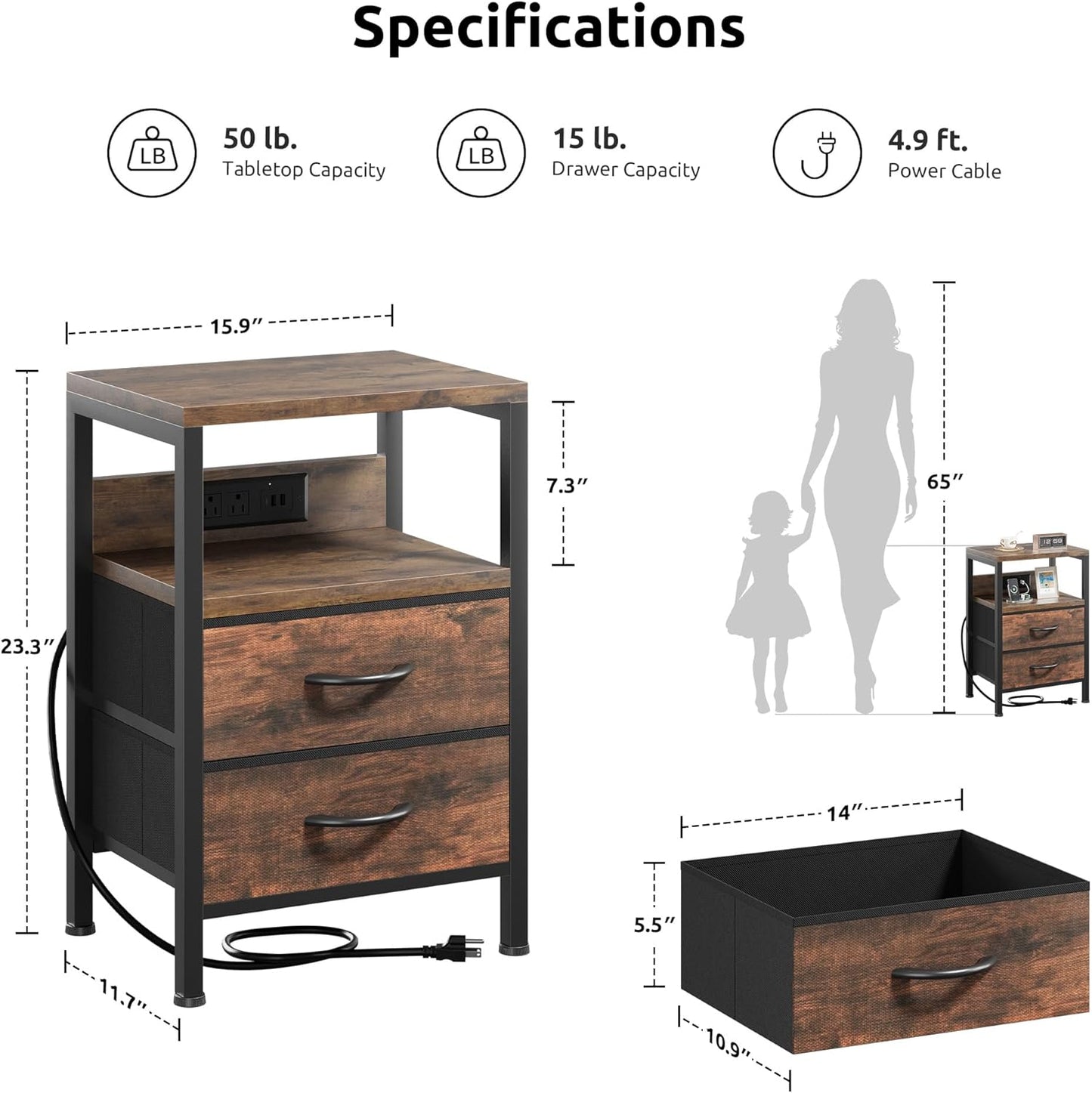 NightStand Bedside Charging Table Bedroom - Brown Night Stand with Charger Station, Modern Bed Side End Table with Open Shelf & 2 Fabric Drawers, USB-C USB Ports & AC Outlets for Dorm, Living Room