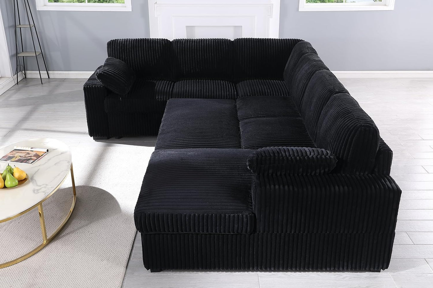 Eafurn Oversized U Shaped Convertible Sleeper Sectional Sofa w/Pull Out Couch Bed, 6 Seater Corduroy Upholstered Corner Lounge Sofa Couch Sleeper Sofabed w/Storage Chaise,Shelves