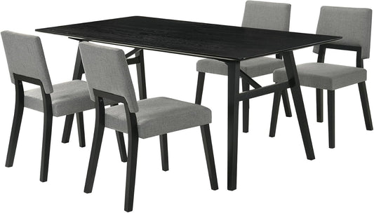 Armen Living Channell Mid Century Modern 5 Piece Black Wood Dining Table Set with Charcoal Fabric