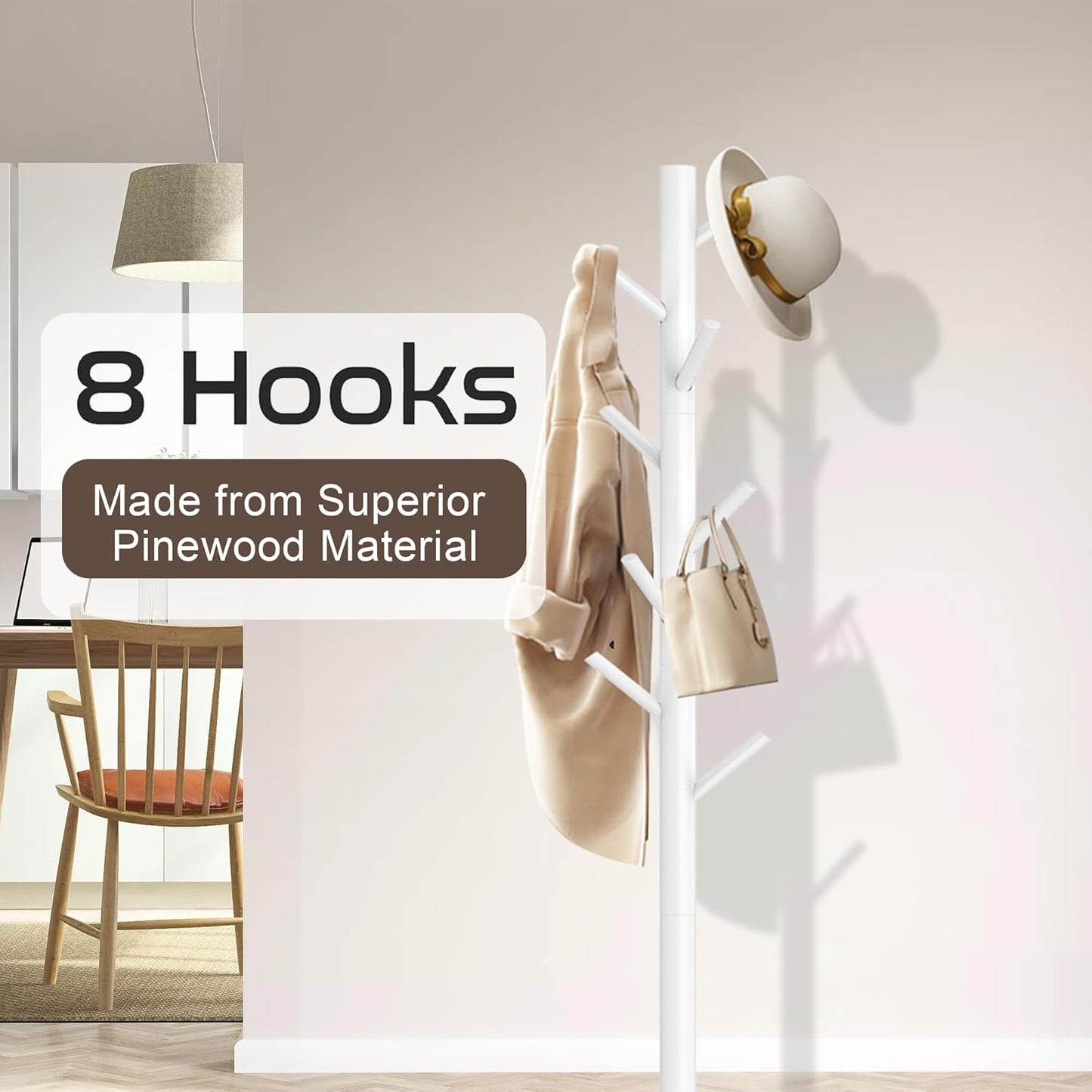 Wooden Coat Rack Stand, Freestanding Coat Rack with 8 Hooks, 3 Adjustable Size Coat Tree for Hats, Coats, Scarves bags, Coat Hanger Stand Used in Bedroom/Office/Entryway （White）
