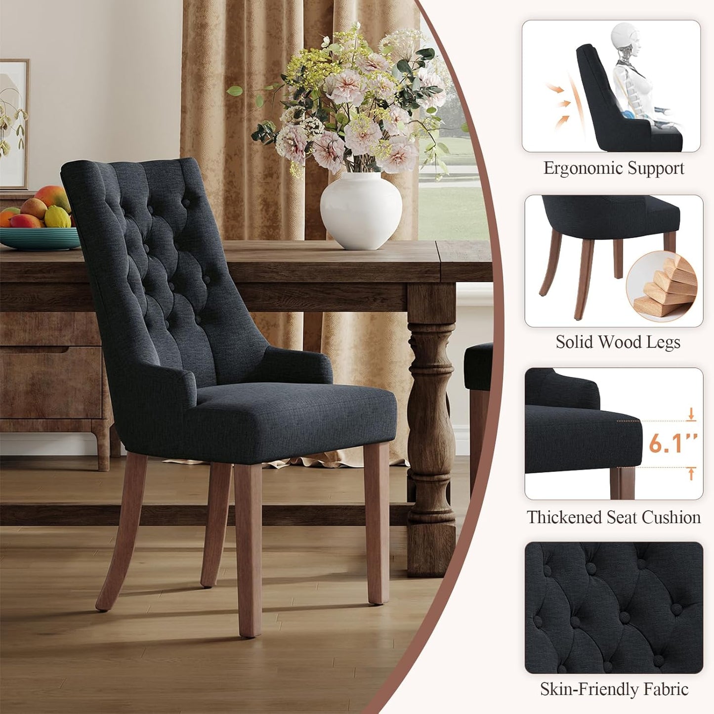 COLAMY Wingback Upholstered Dining Chairs Set of 2, Fabric Side Dining Room Chairs with Tufted Button, Living Room Chairs for Home Kitchen, Black