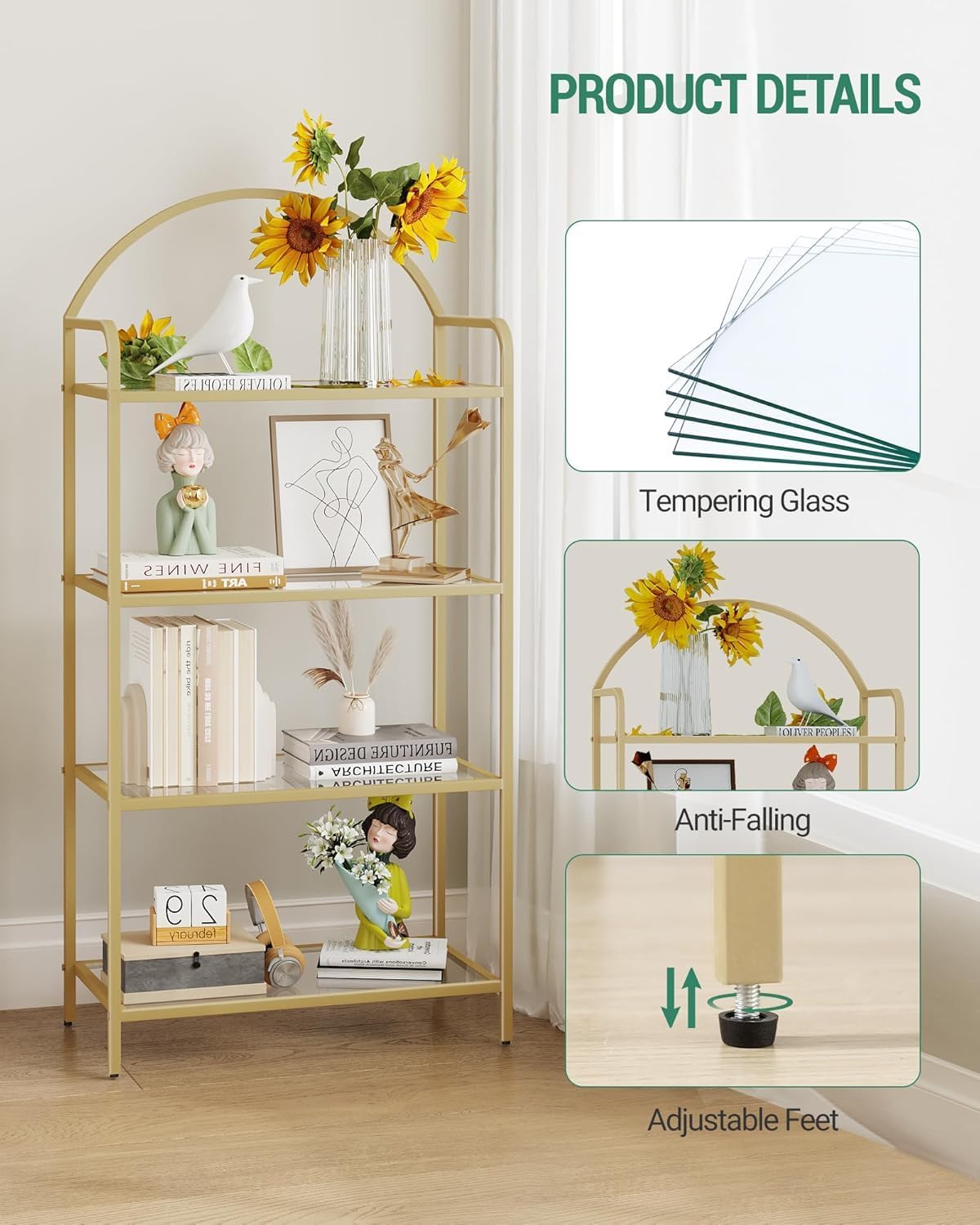 Bookcase Bookshelf, Tempered Glass Bookshelves, Slim Shelving Unit for Bedroom, Bathroom, Home Office, Steel Frame, 4 Tier Gold BC21499G