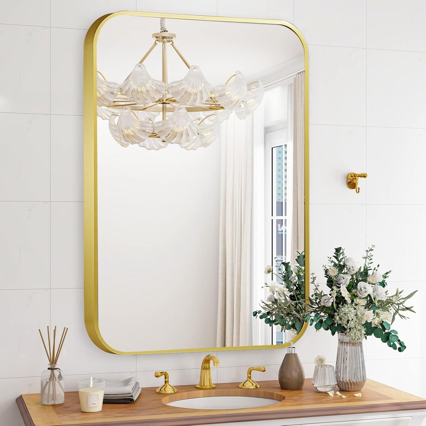 16x24 Inch Bathroom Mirror for Wall,Matte Gold Framed Rectangle Mirror with Rounded Corner,Aluminum Alloy Framed Brushed Wall Mirror for Bedroom or Living Room,Vertical or Horizontal