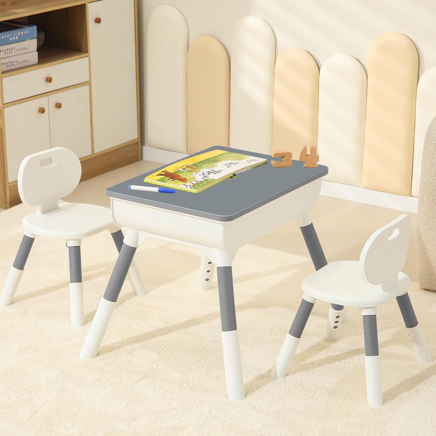 Kids Study Desk and Chair Set Height Adjustable Graffiti Desktop Storage Drawer Storage Basket Non Slip Legs Suitable for Max Weight of 220 Pounds Suitable for Children Aged 2-10(Grey 2Chair)