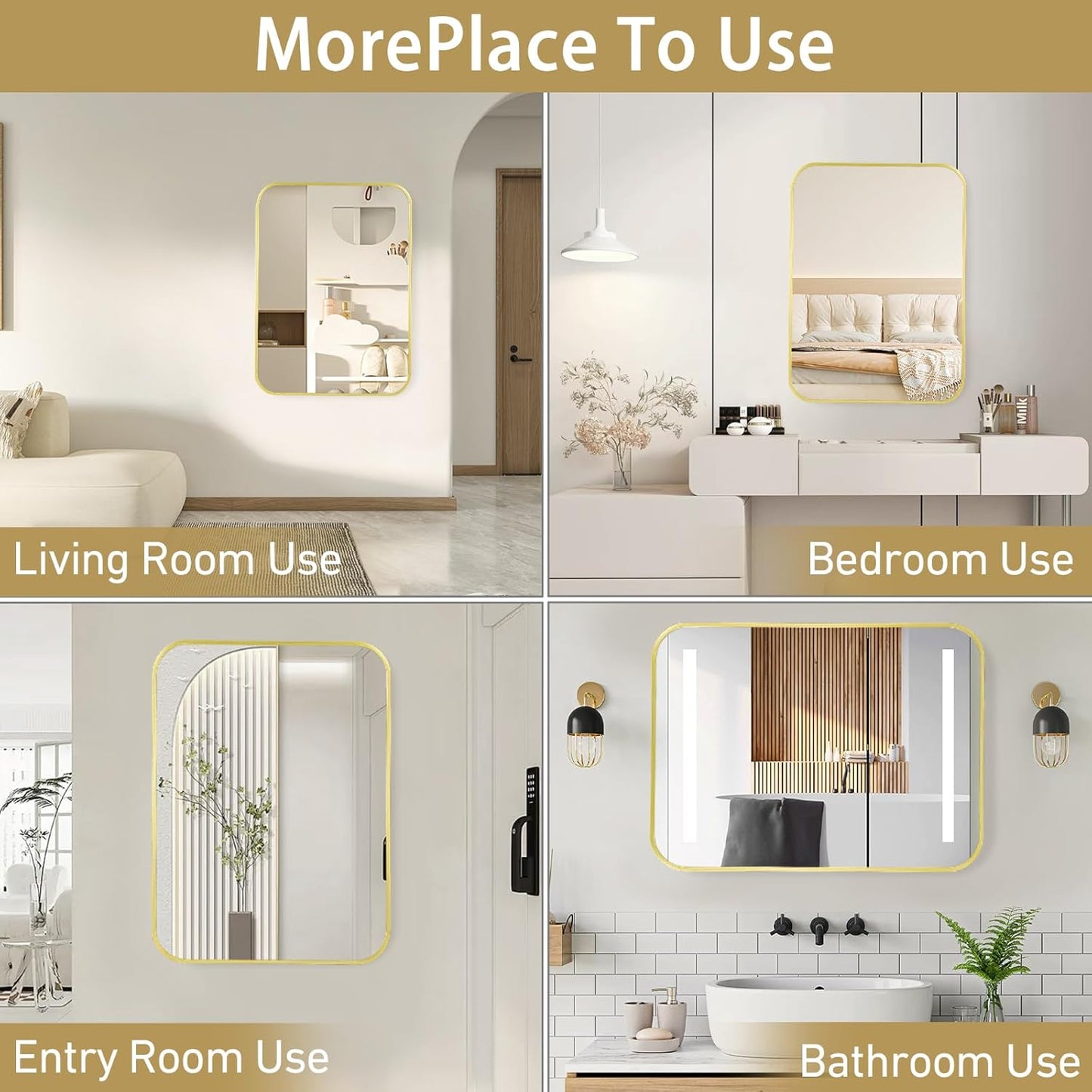 16x24 Inch Bathroom Mirror for Wall,Matte Gold Framed Rectangle Mirror with Rounded Corner,Aluminum Alloy Framed Brushed Wall Mirror for Bedroom or Living Room,Vertical or Horizontal