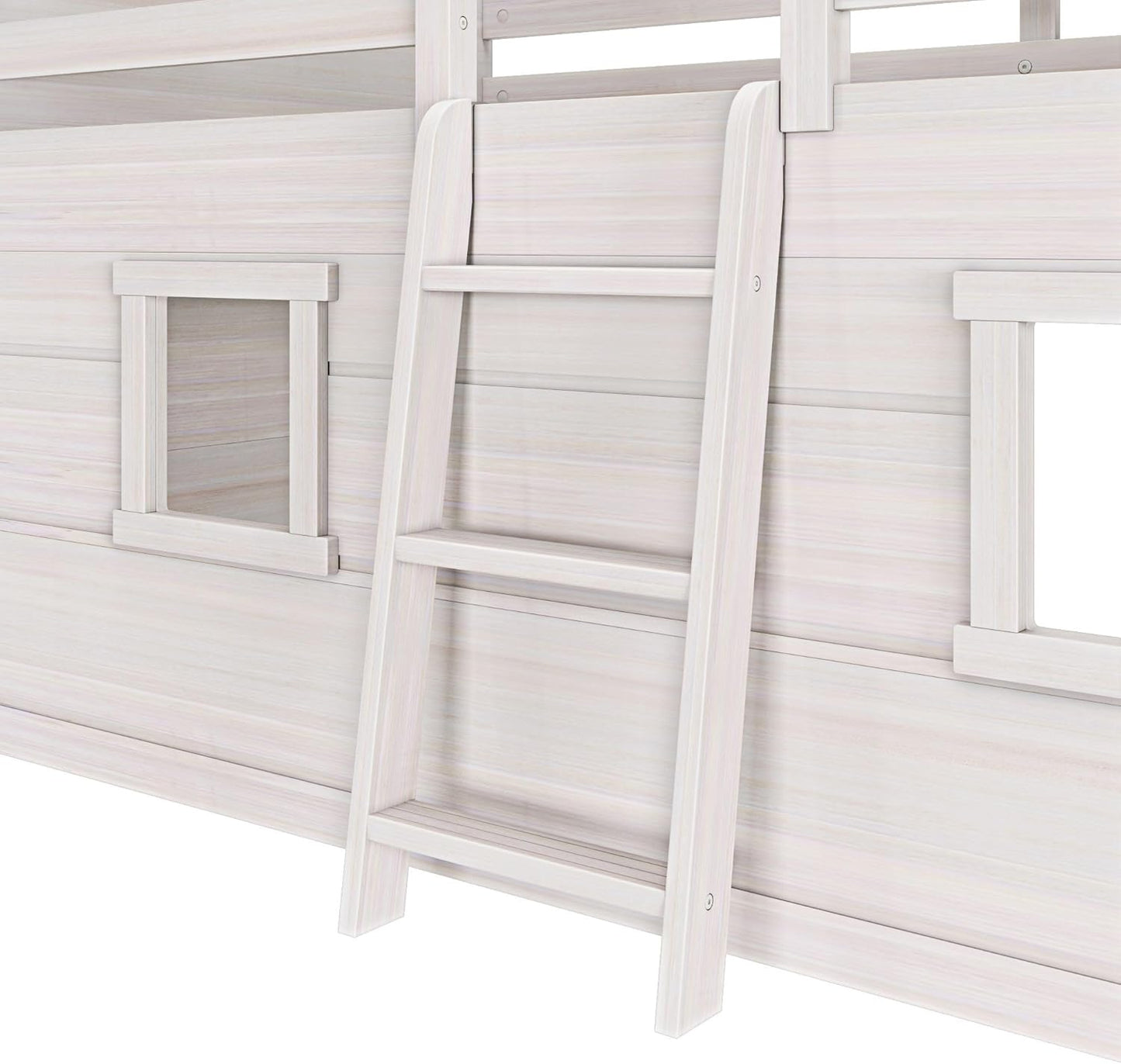 Max & Lily Modern Farmhouse Twin Low Loft Bed with Two Windows - Solid Wood, 15” Guardrails, 400-lb Capacity, Low-VOC Finish, White Wash