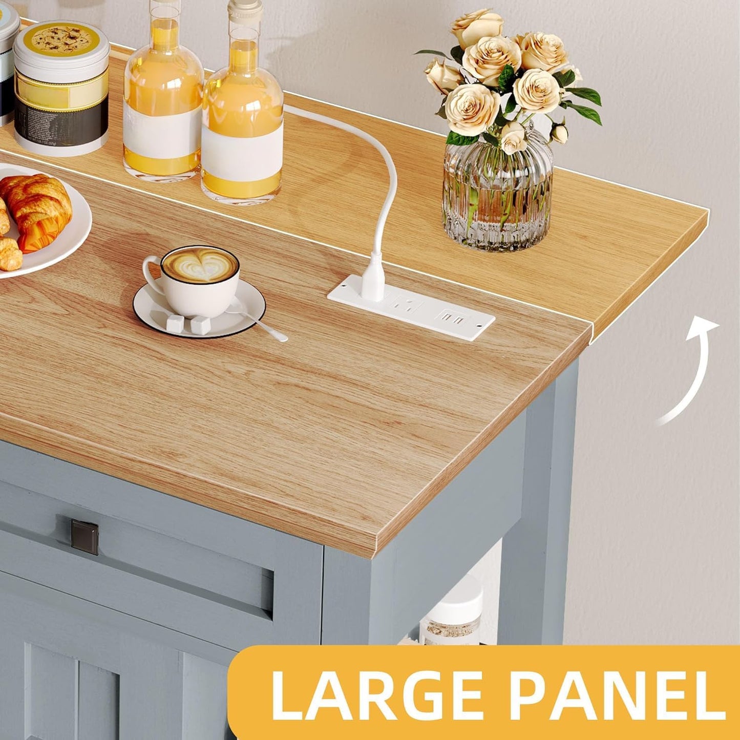 DWVO Rolling Kitchen Island with Drop Leaf, Mobile Storage Islands with Power Outlet Foldable Tabletop, 2 Drawers and Open Shelves, for Living Room, Dining Room, Blue Gray