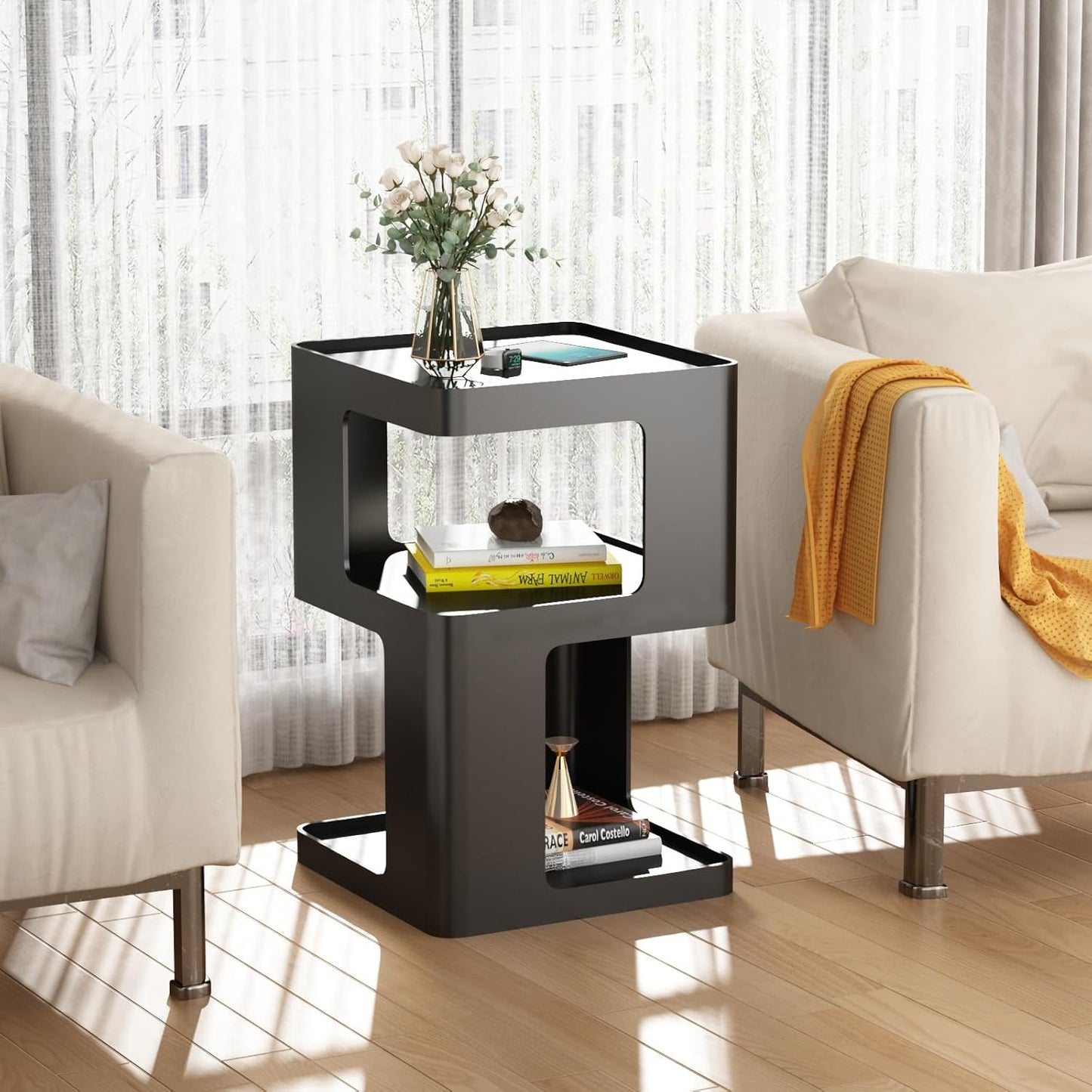 Black Side Table, Modern Nightstand Metal End Table for Living Room Bedroom,Square Bedside Table-3 Tier Storage,Not Assemble Required