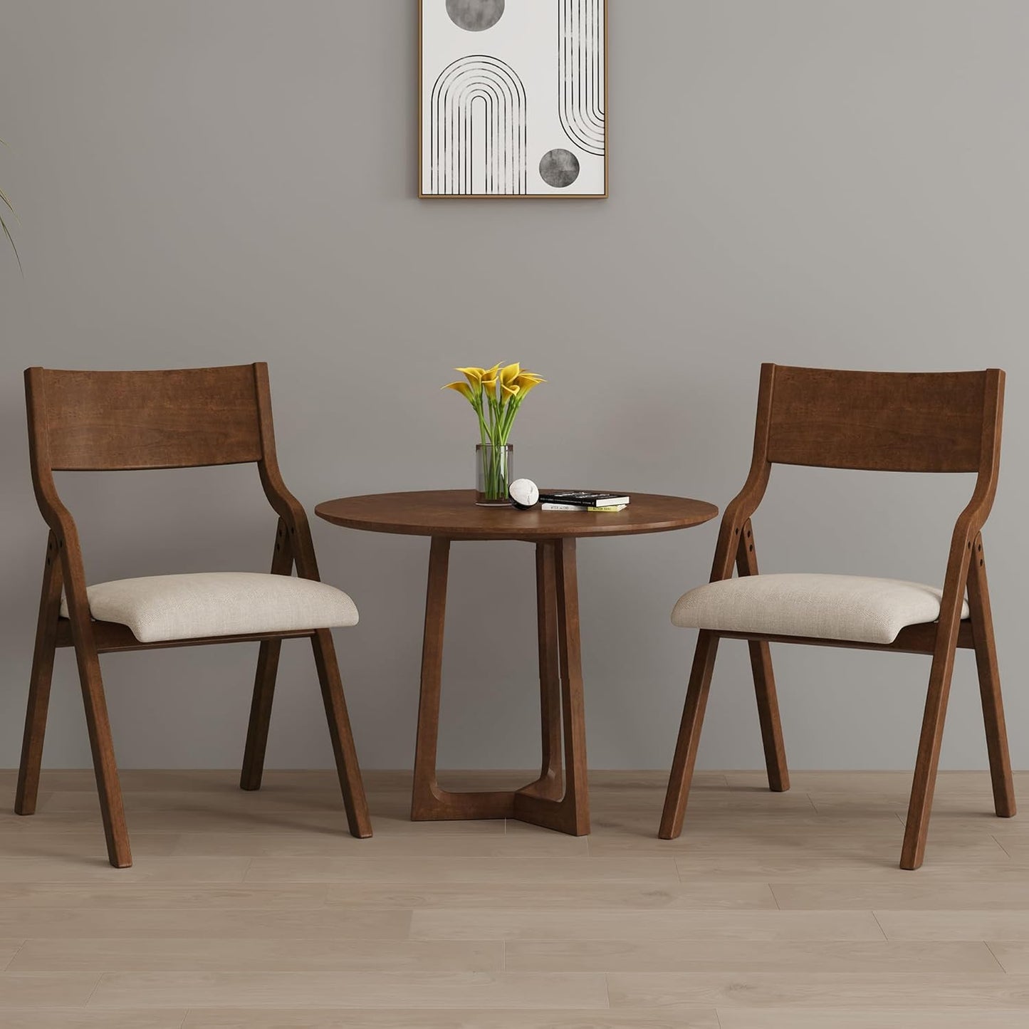 Folding Dining Chairs Set of 2, Upholstered Kitchen Chair with Padded Seat & Wood Backrest, Modern Side-Chair with Wood Legs for Home Office Living Room,No Assembly Needed,Walnut