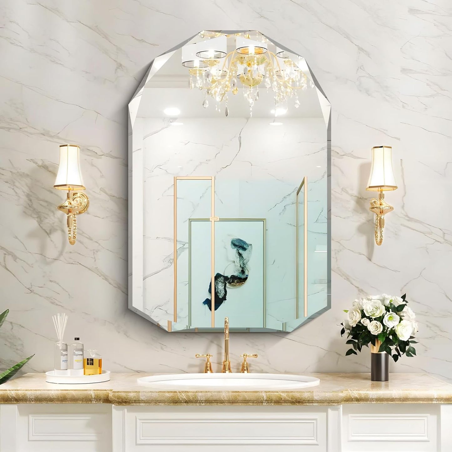 KOCUUY 26"x38" Frameless Mirror, Arched Shape with Diamond-Shaped Beveled Edge,Unframed Decorative with Upgraded Shatterproof Glass,Unique Frameless Mirror for Bathroom,Living Room,Bedroom