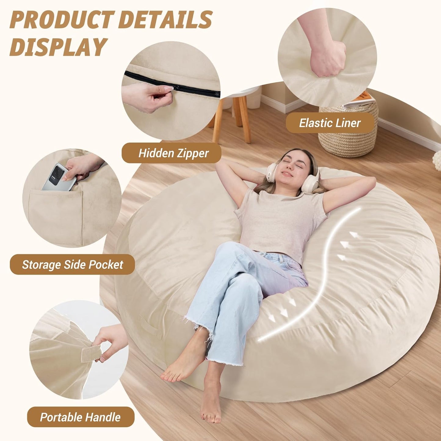 7FT Bean Bag Chair with Ultra Soft Velvet Cover Bean Bag Sofa with Memory Foam Bean Bag Chairs with Large Size Lazy Sofa for Dorm Office Living Room Bedroom Beige 7'