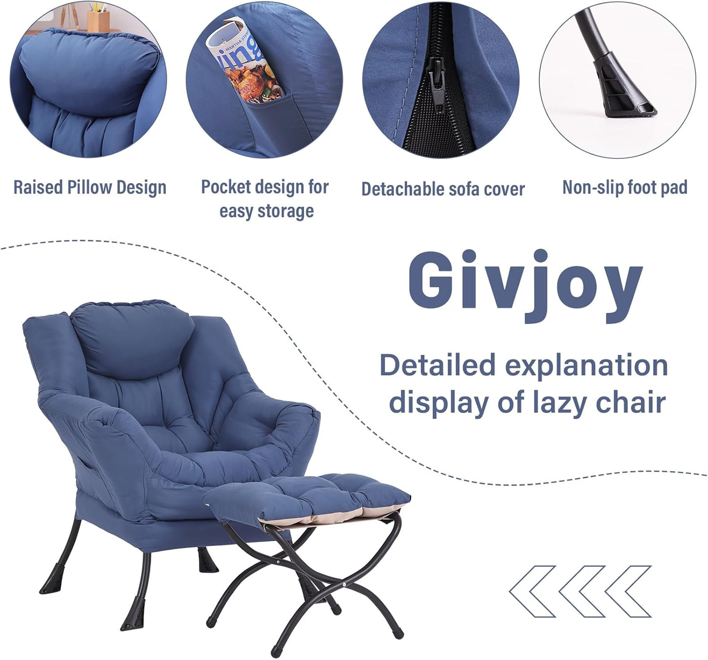 Lazy Chair and Ottoman, Large Accent Lounge Chair with Armrests and a Side Pocket, Modern Leisure Upholstered Sofa Reading Armchair with Footrest for Bedroom, Living Room, Dorm Rooms, Office