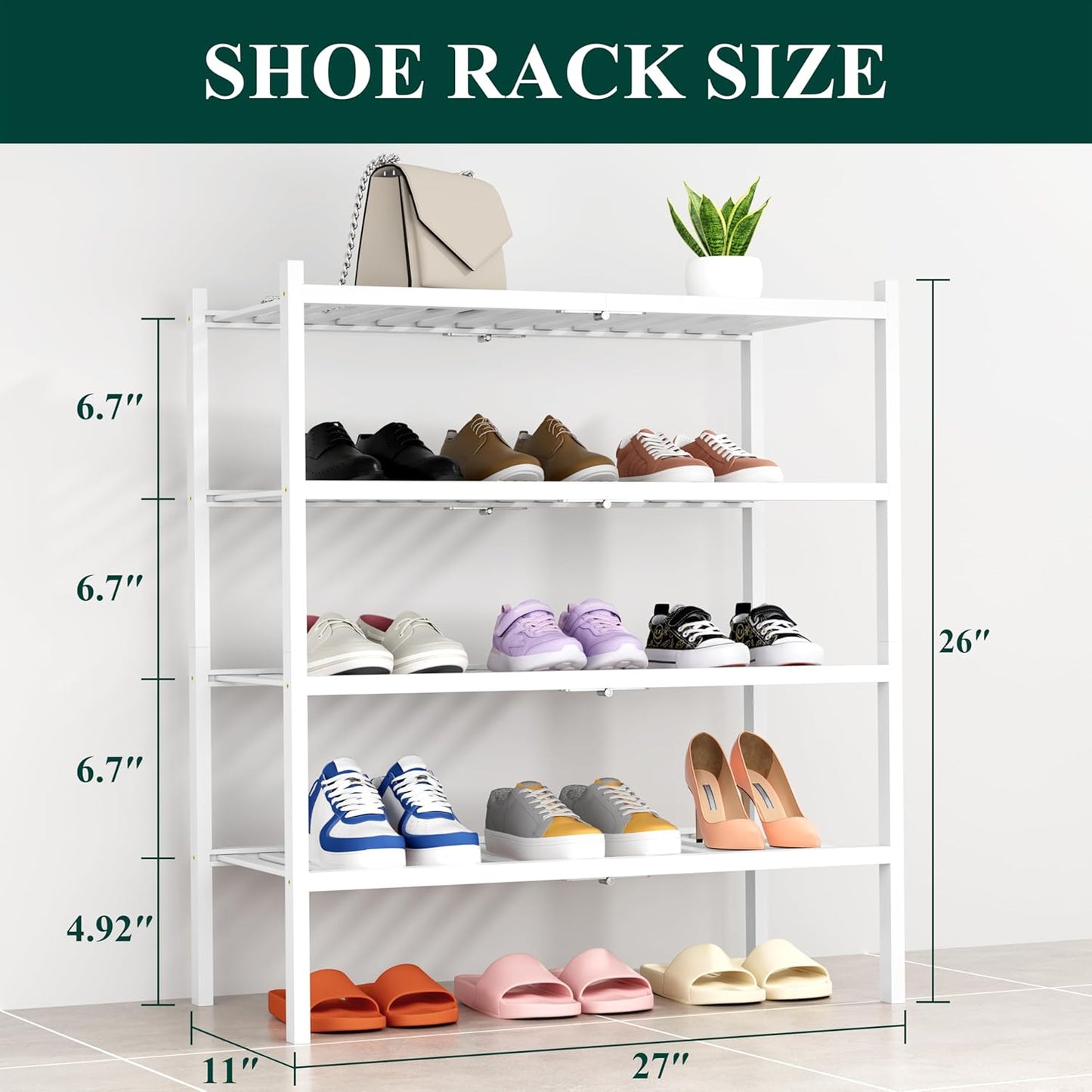 Smiry Shoe Rack, 4 Tier Thick Bamboo Shoe Organizer, Stackable Free Standing Wooden Shoe Storage Shelf for Closet, Entryway, Front Door Entrance, White
