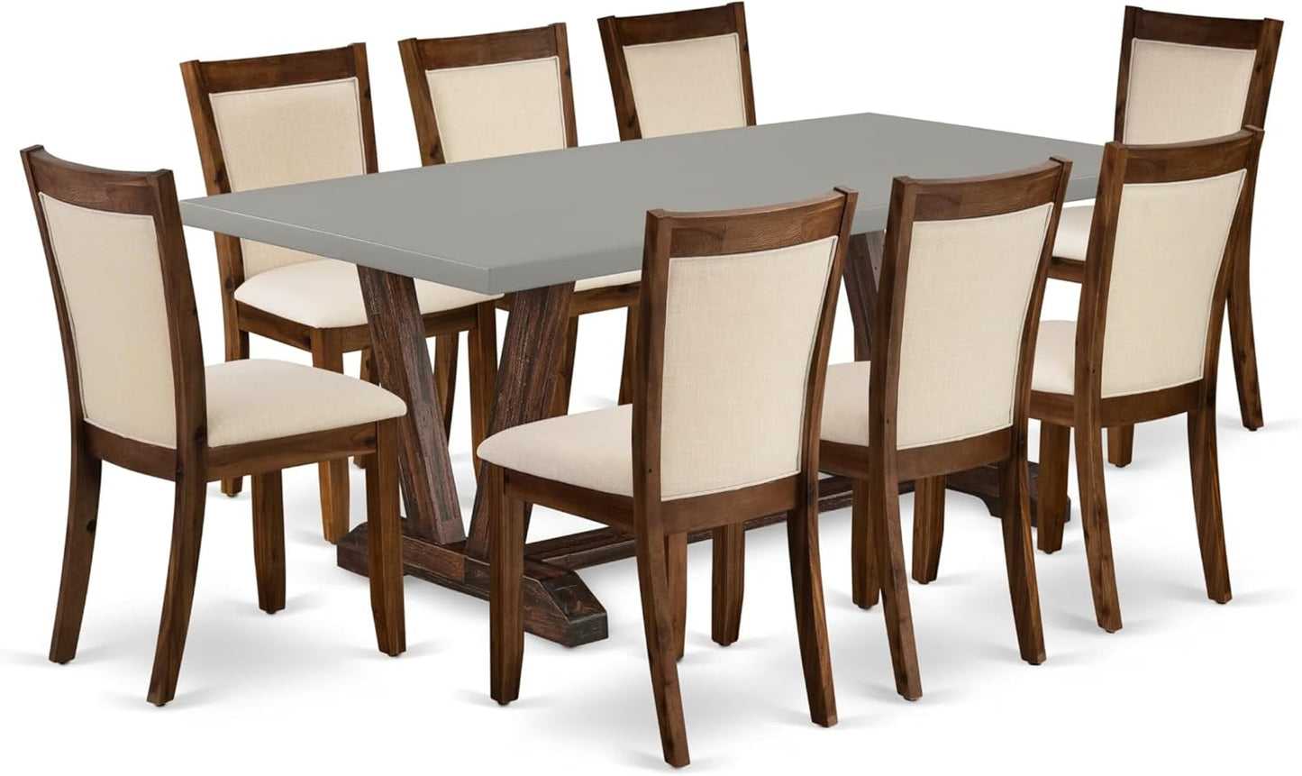 East West Furniture V797MZN32-9 9 Piece Dining Set Includes a Rectangle Dining Room Table with V-Legs and 8 Light Beige Linen Fabric Upholstered Parson Chairs, 40x72 Inch, Multi-Color