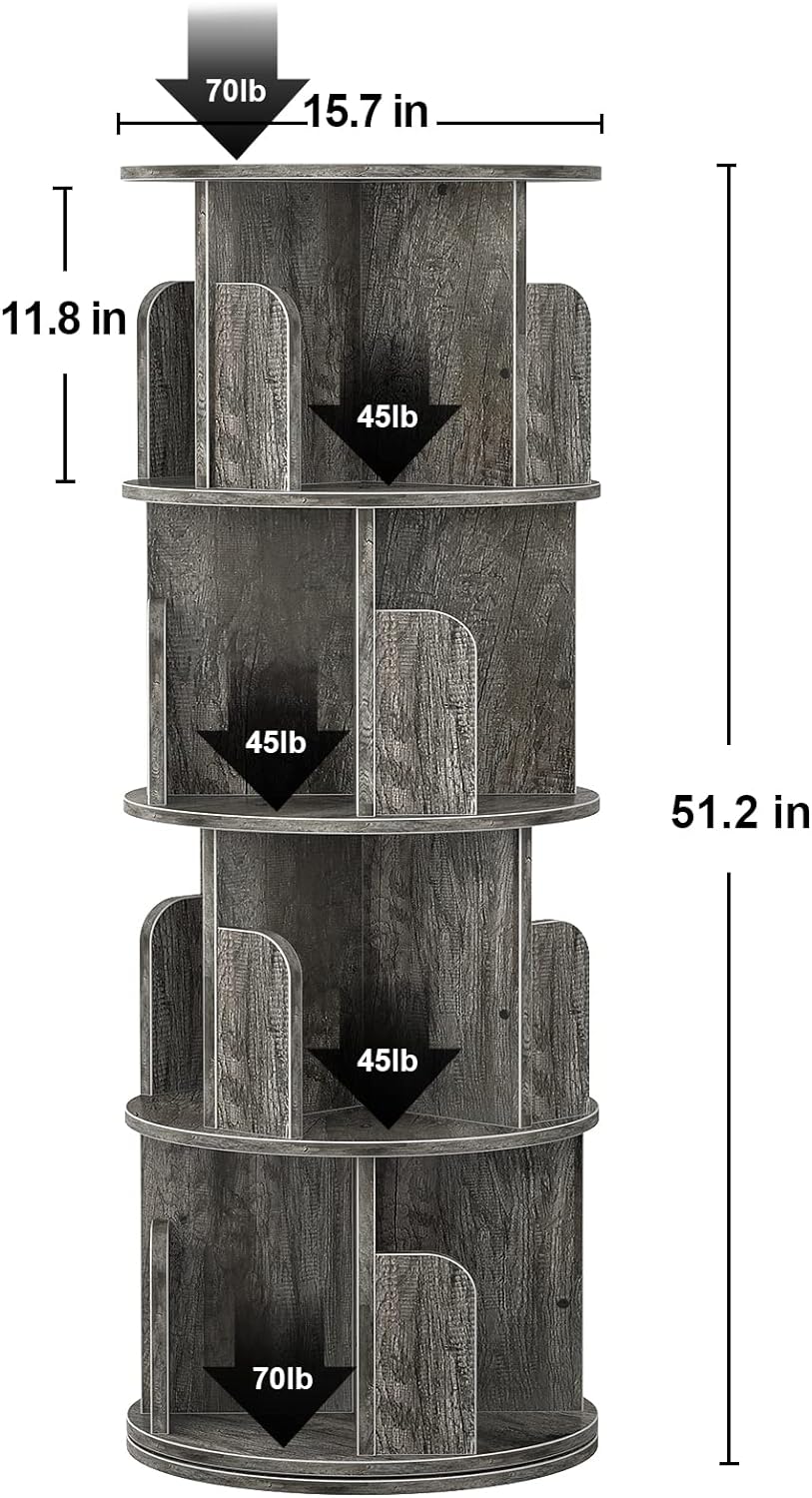 Aheaplus Rotating Bookshelf, 360 Display Corner Bookshelf for Small Space, 4 Tier Floor Standing Bookcase Storage Rack, Wood Narrow Book Shelf Organizer for Bedroom, Living Room, Study Room, Grey Oak