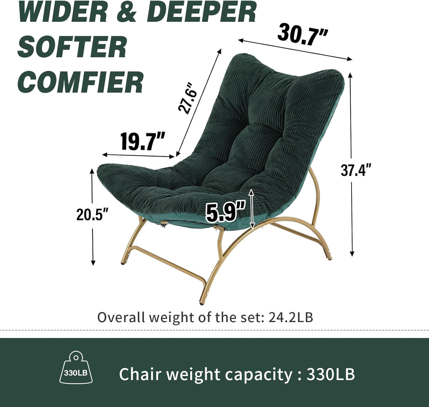 Welnow Accent Lounge Lazy Chair, Comfy Soft Leisure Metal Frame Reading Chair, Upholstered Thick Cushion Seated Recliner Sofa for Living Room, Bedroom, Dorm, Dark Green