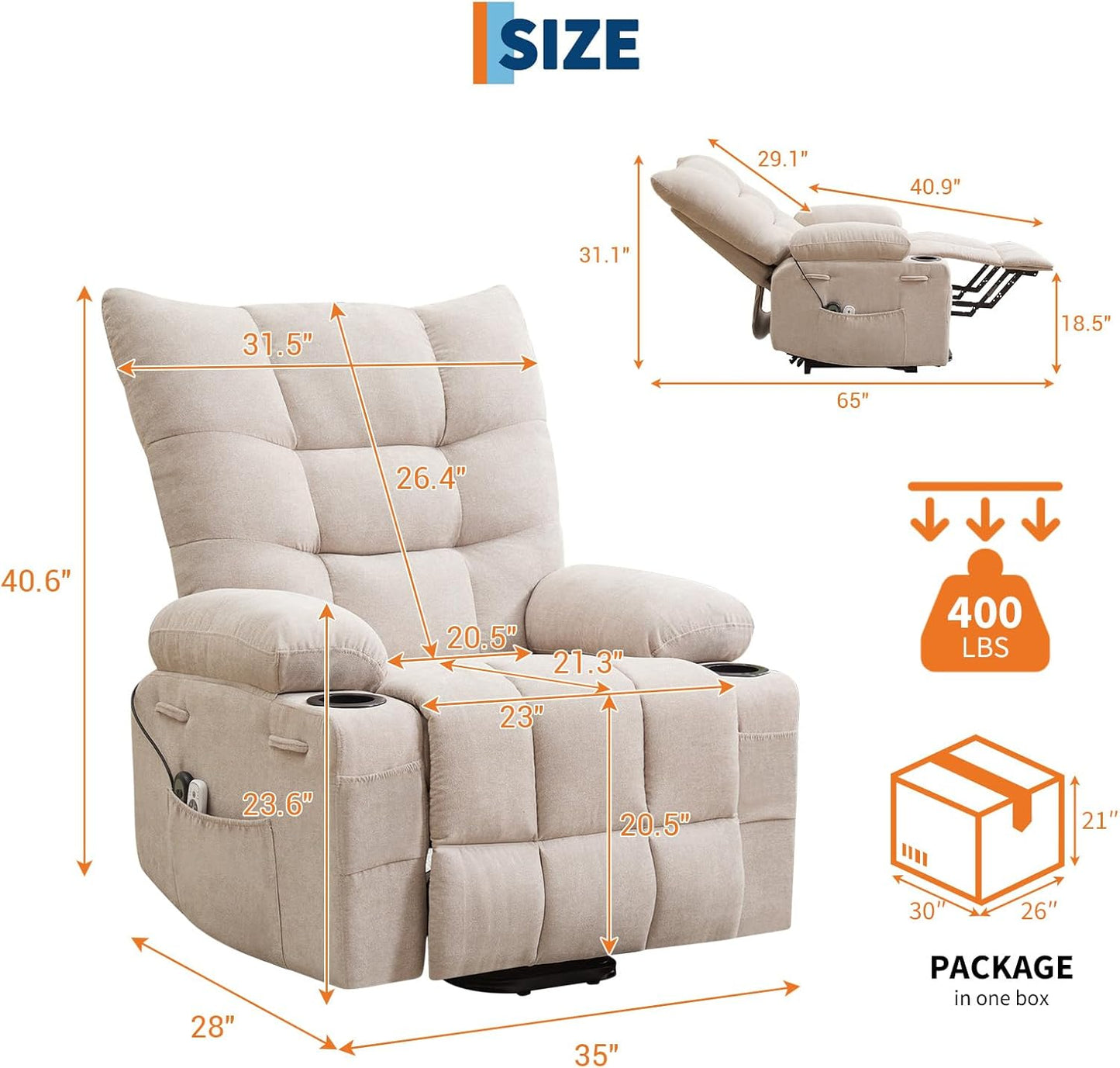 GarveeHome Power Lift Recliner Chair for Elderly with Massage and Heat, Oversized Electric Massage & Heat Recliner with Soft Padded Upholstery, Side Pocket & Cup Holders for Living Room, Beige