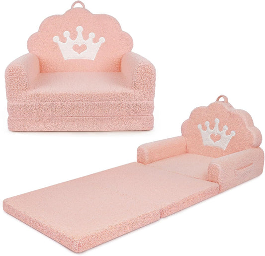 2-in-1 Kids Couch Fold Out, Soft Teddy Sherpa Toddler Couch with Crown Design, Convertible Kids Sofa to Lounger for Nap & Playtime, Cozy Children's Furniture for Boys & Girls, Pink