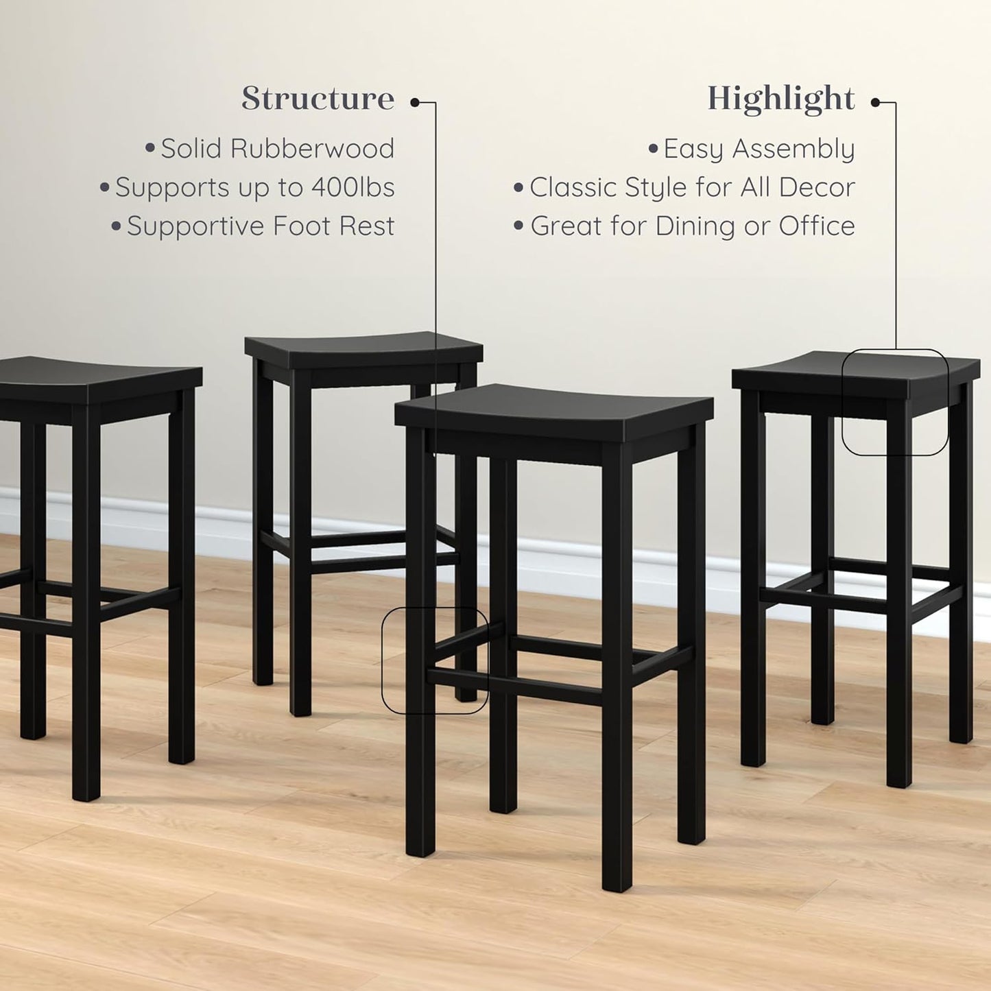 Grain & Grove Smith Collection Set of 4 Solid Wood Bar Stools, 30 inch Saddle-Seat Bar Chairs, Backless, Heavy-Duty Construction, Footrest Support, for Kitchen Islands, Home Bars, and Counters, Black
