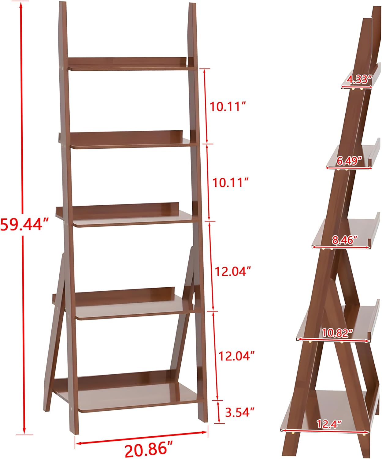 DOUSY-5-Tier Ladder Shelf Bookcase, Bamboo Ladder Bookshelf Leaning Book Shelf, Freestanding Storage Shelf Boho for Living Room, Home Office, Bedroom, Balcony, Walnut