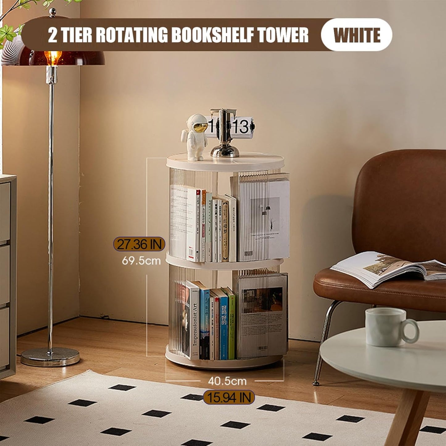 2 Tier Rotating Bookshelf Spinning Bookshelf Tower Swivel Bookcase Round Book Shelf for Small Space Revolving Bookcase for Playroom Bedroom Living Room