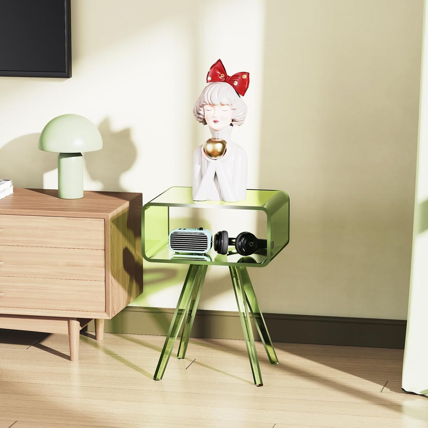 Acrylic Side Table, Acrylic Nightstand Bedside Table for Bedroom (Green, 16.1'' x 11.8'' x 19.7'')