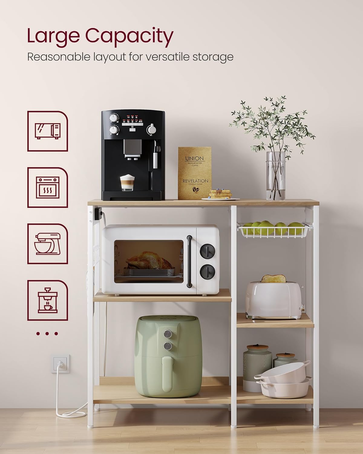 VASAGLE Baker's Rack, Coffee Bar Stand with Charging Station, Storage Shelves, Pull-Out Wire Basket, Table for Microwave, Kitchen, Oak Beige UKKS036Y09, 15.7 x 35.4 x 35.6 Inches