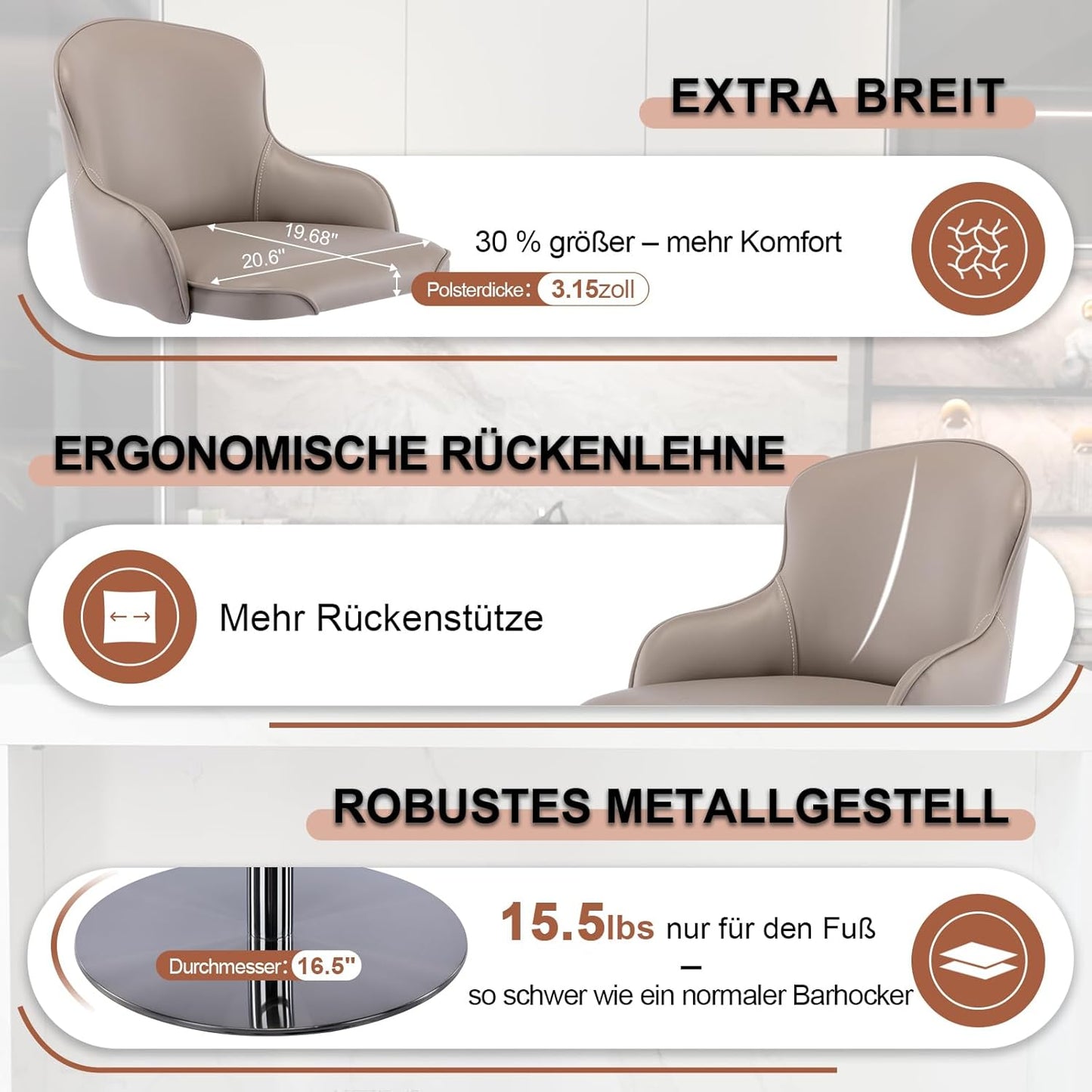 Black Titanium Stainless Steel Bar Stools,Grade Modern Leather Bar Chair with Backrest,Swivel Adjustable Height for Kitchen Counter and Dining Room (Grey leather-1pc)