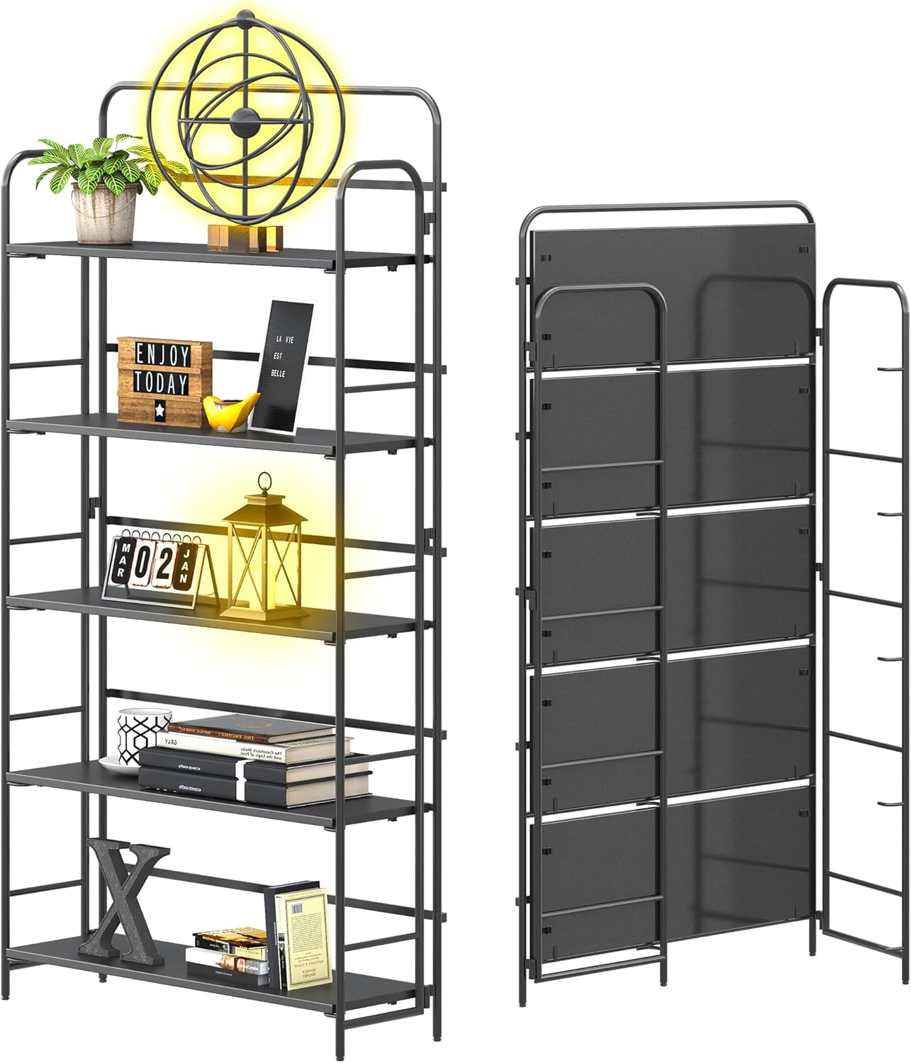 4NM No Assembly Folding Bookshelf 5 Tiers Vintage Industrial Black Book Shelf Metal Foldable Storage Bookcase and Bookshelves for Living Room,Bedroom and Kitchen - Black