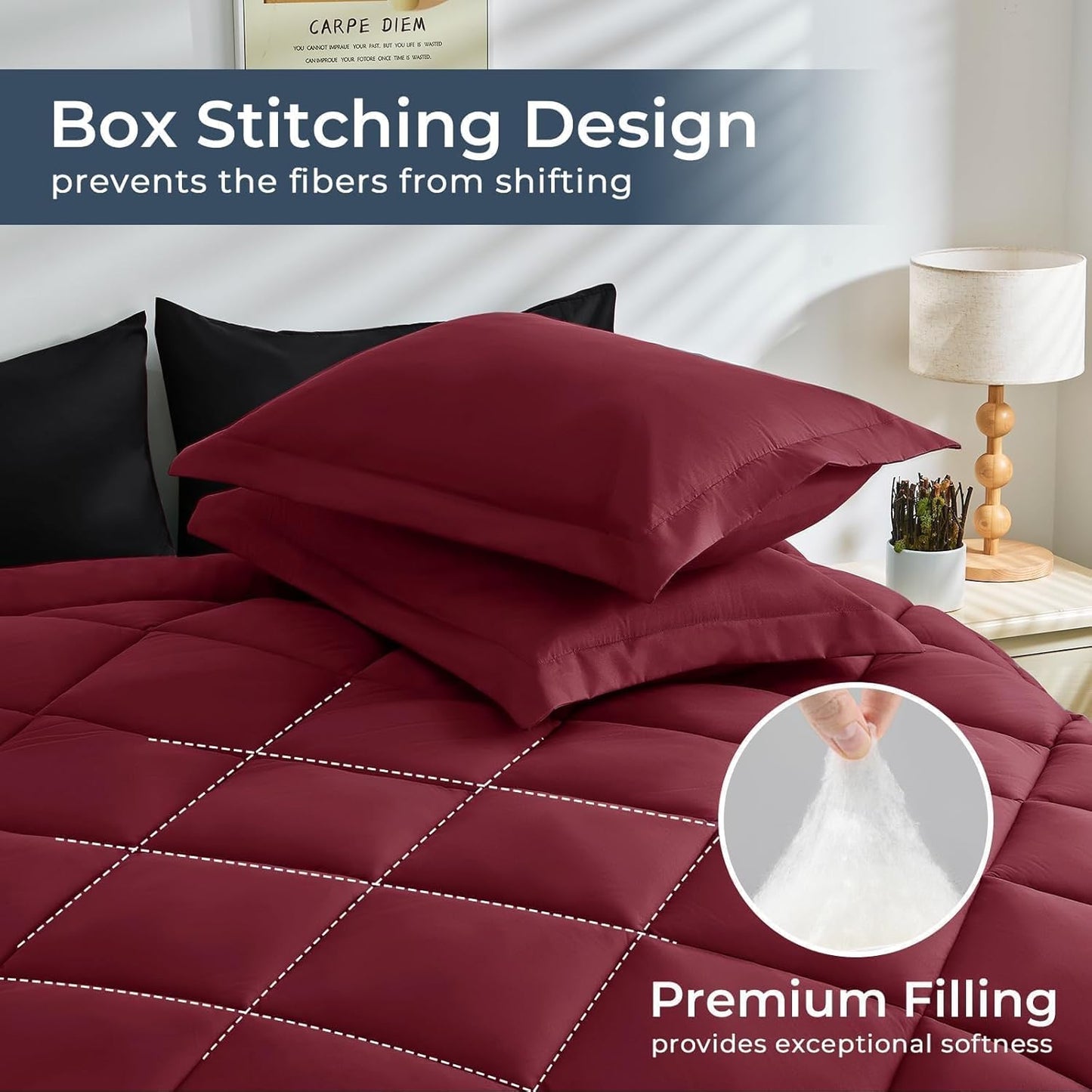 HEVUMYI Red & Black Cali-King Comforter Set - 7-Piece All Season Bed in a Bag Cali-King, Ultra Soft Burgundy Bedding Set with Comforter, Flat Sheet, Fitted Sheet, Pillowcases, Pillow Shams, Burgundy