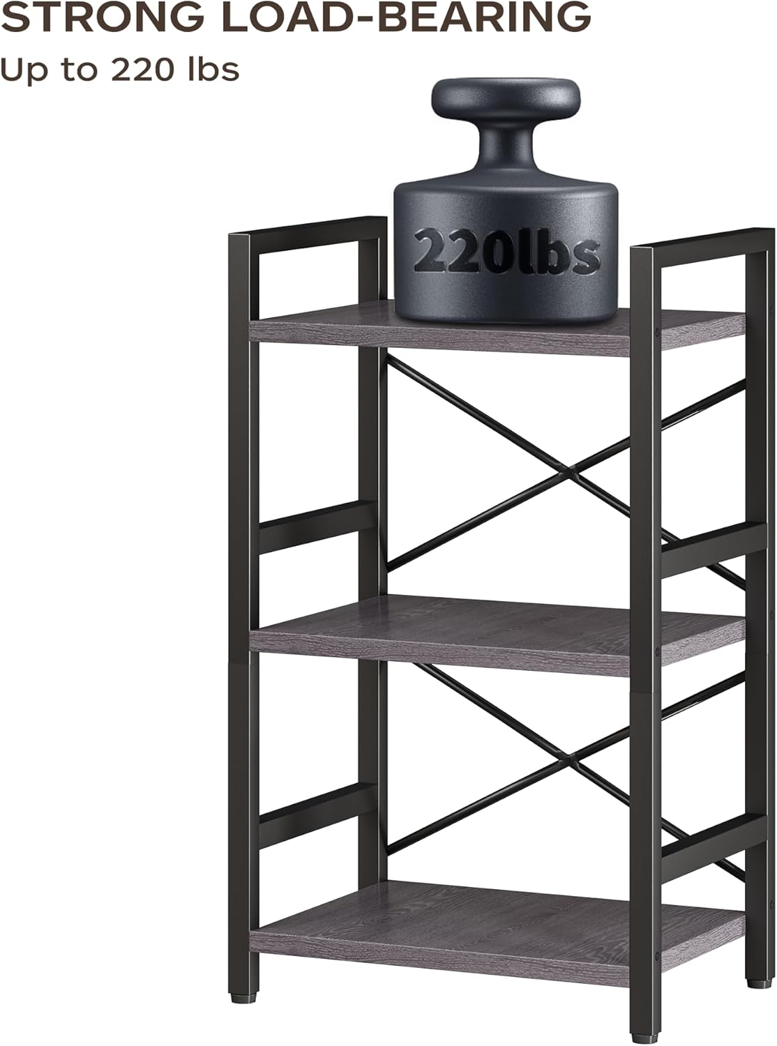 Homeiju Bookshelf, 3 Tier Industrial Bookcase, Metal Small Bookcase, Rustic Etagere Book Shelf Storage Organizer for Living Room, Bedroom, and Home Office(Grey) Patent Pending D29873033